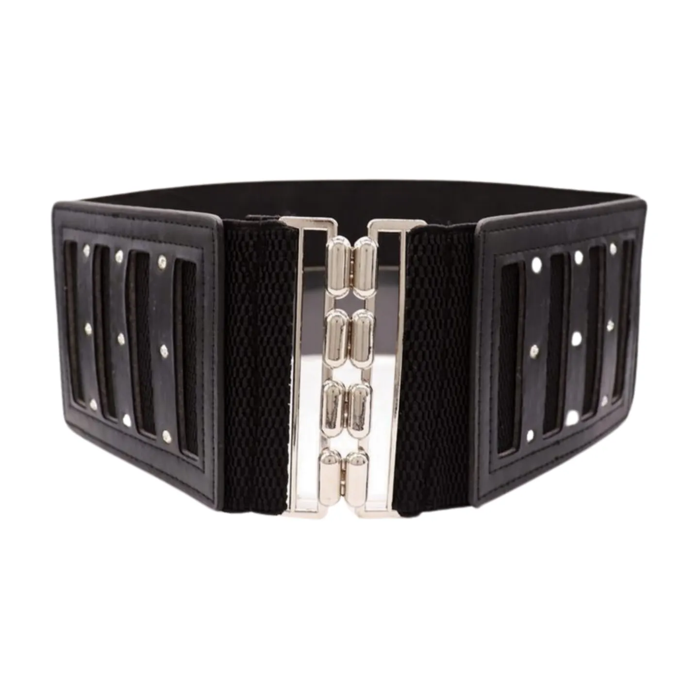 Black Elastic Wide Fashion Belt Silver Buckle Size S M