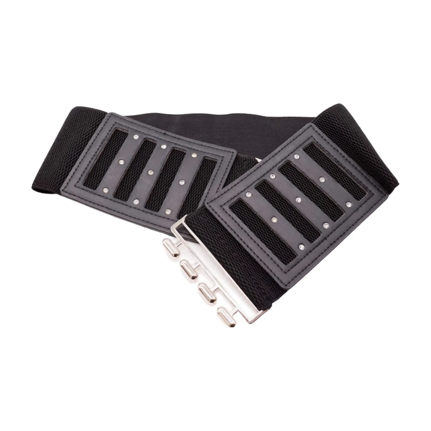 Black Elastic Wide Fashion Belt Silver Buckle Size S M