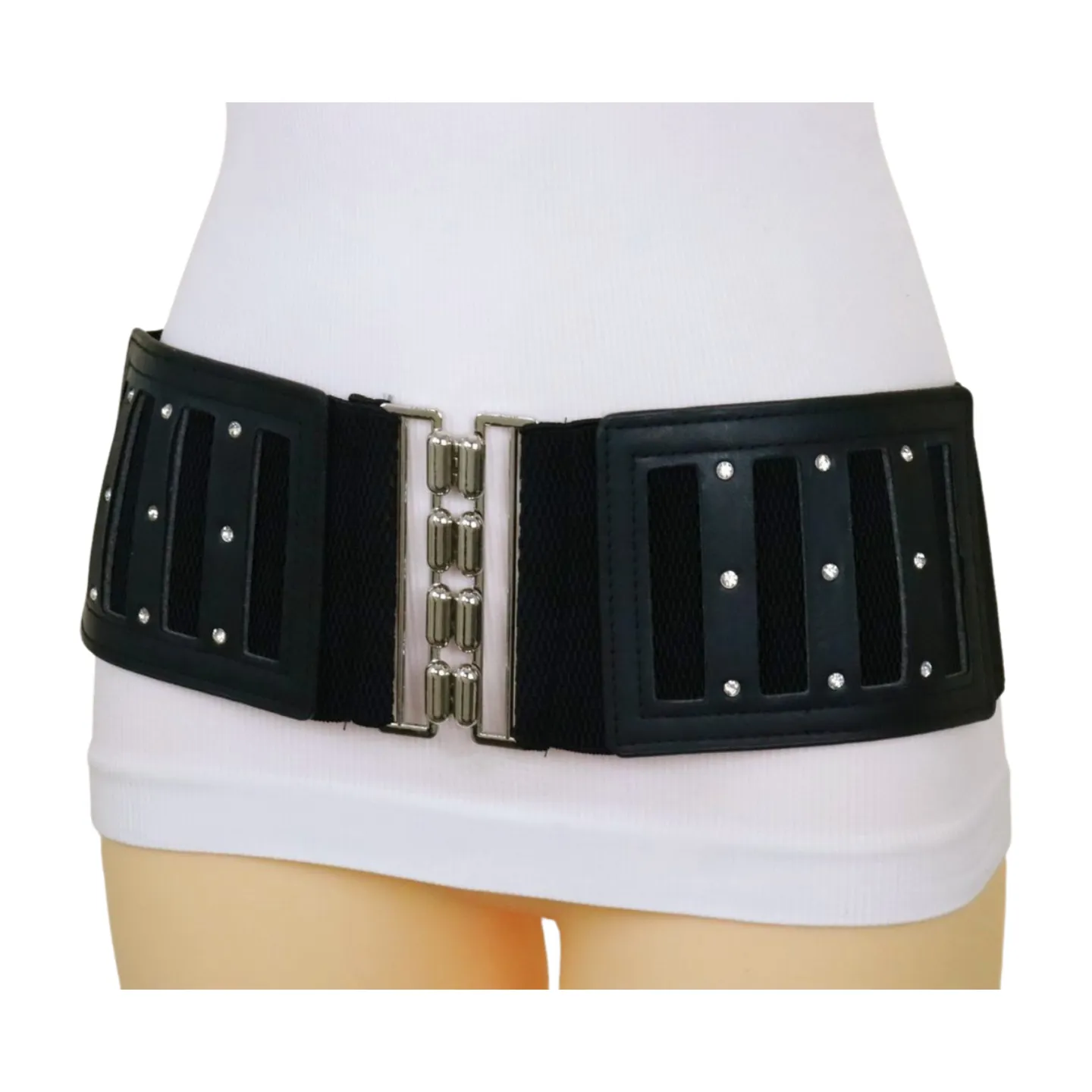 Black Elastic Wide Fashion Belt Silver Buckle Size S M