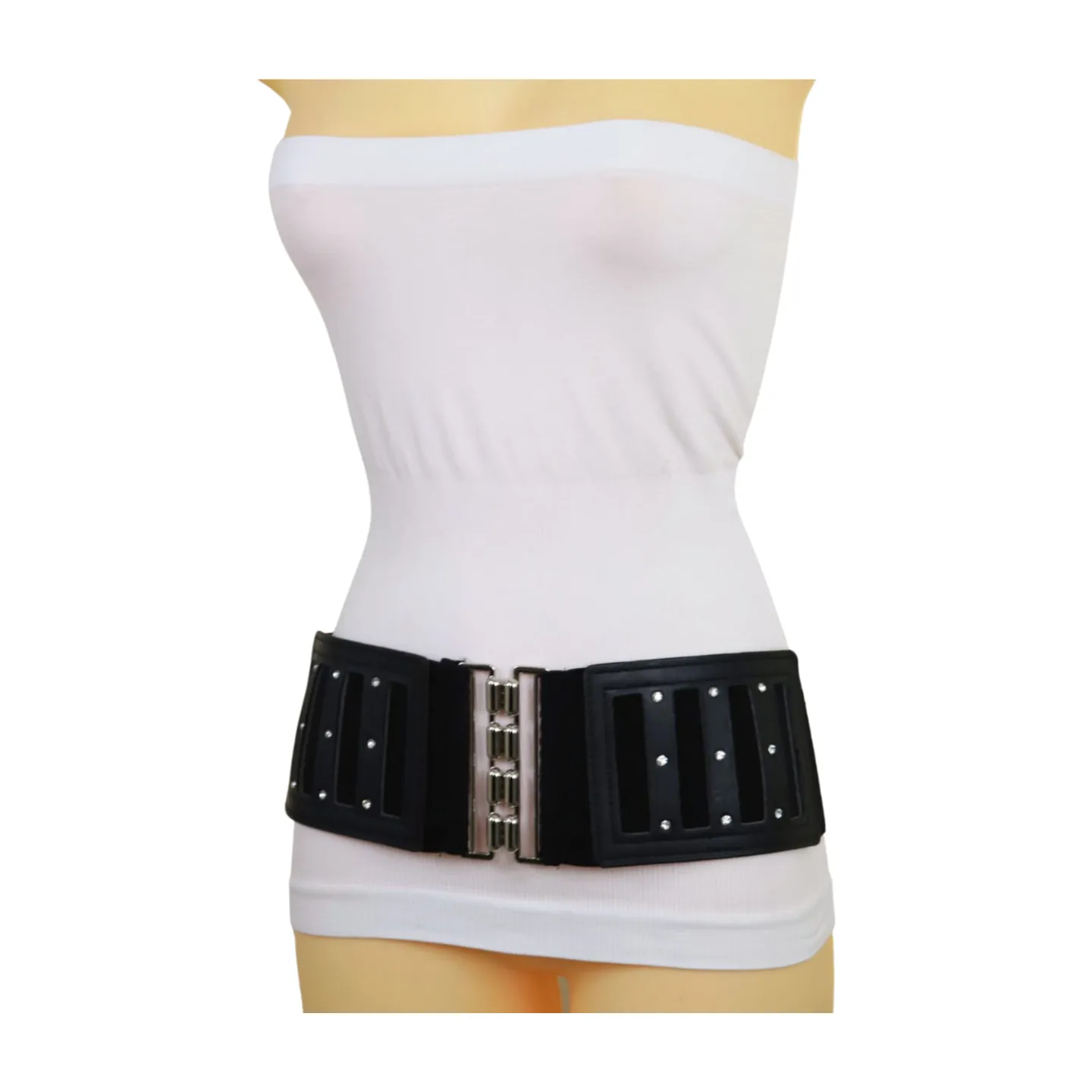 Black Elastic Wide Fashion Belt Silver Buckle Size S M