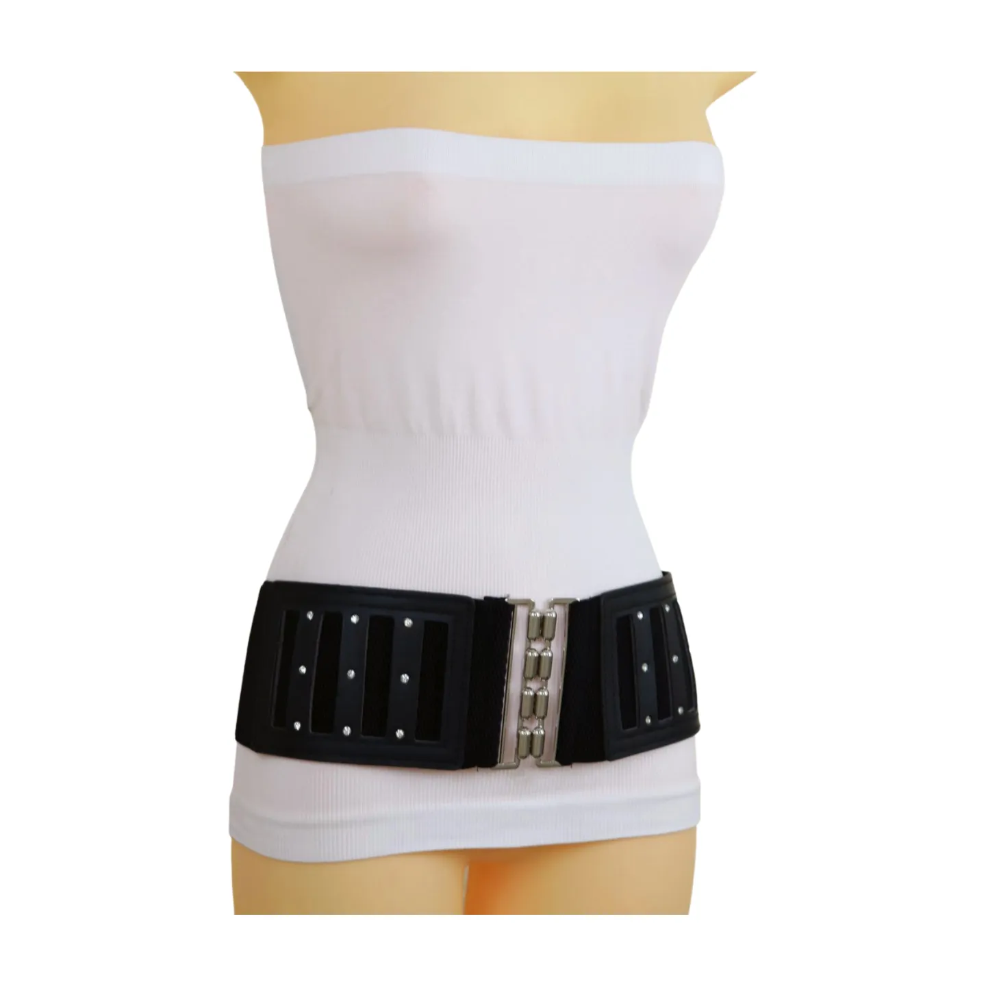 Black Elastic Wide Fashion Belt Silver Buckle Size S M