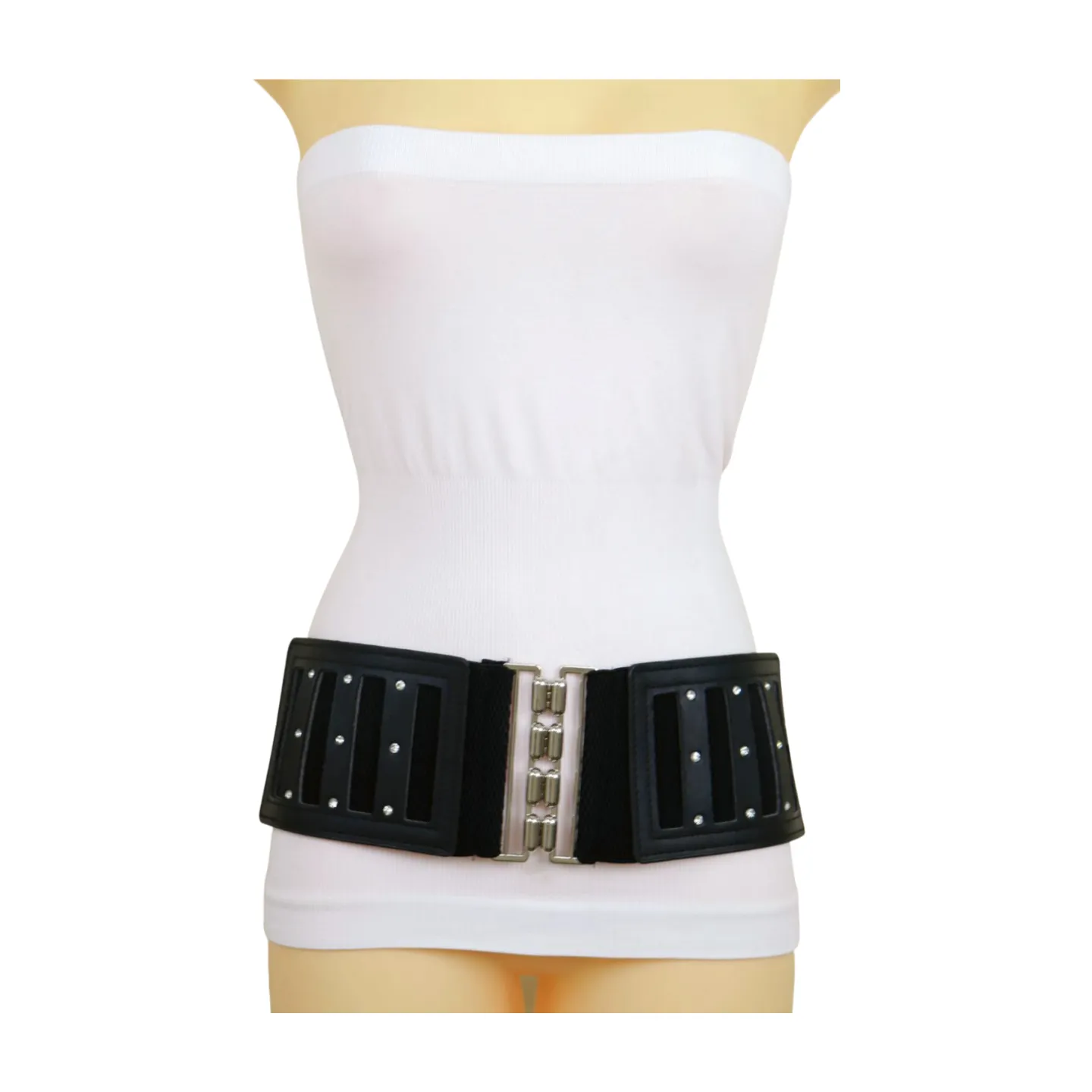 Black Elastic Wide Fashion Belt Silver Buckle Size S M