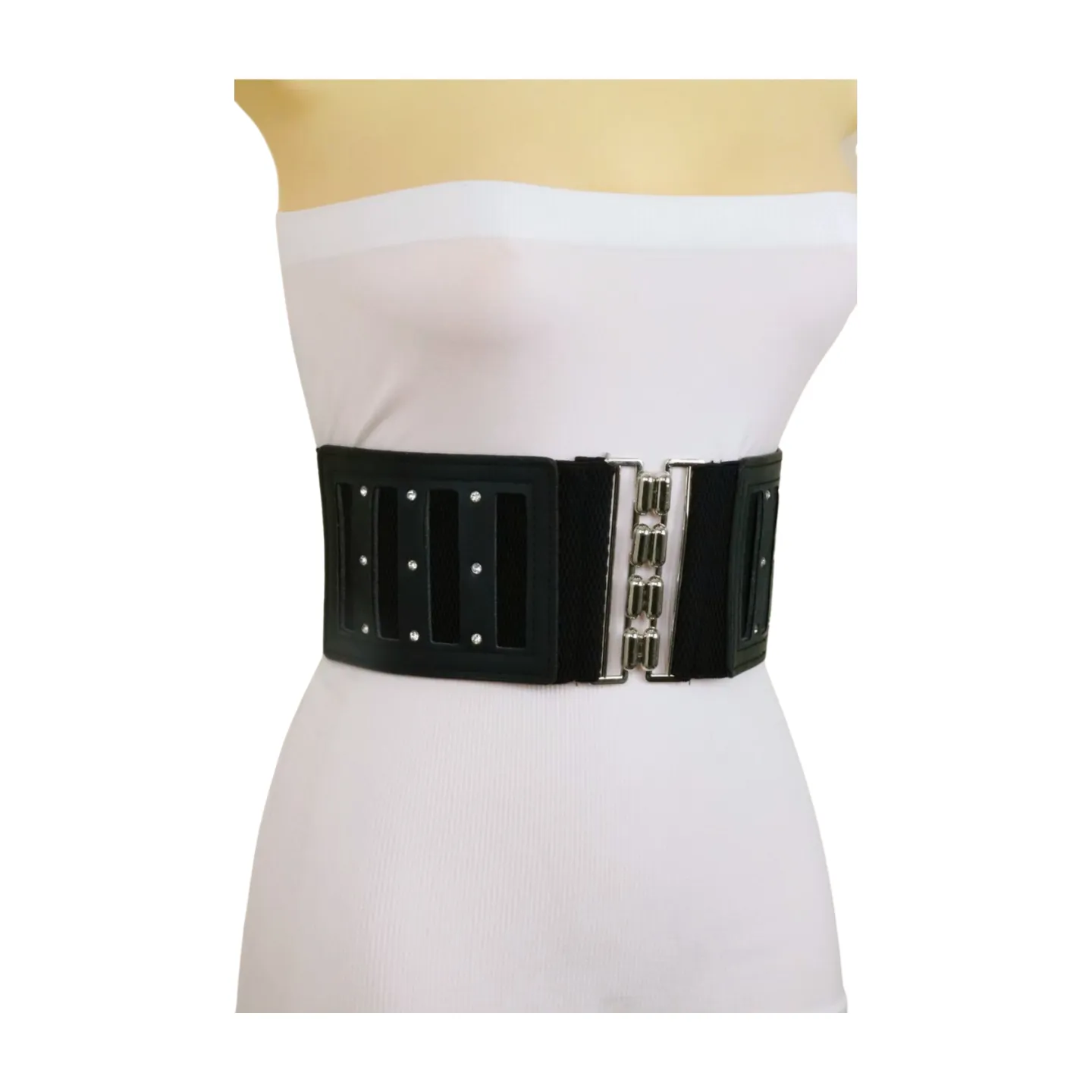 Black Elastic Wide Fashion Belt Silver Buckle Size S M
