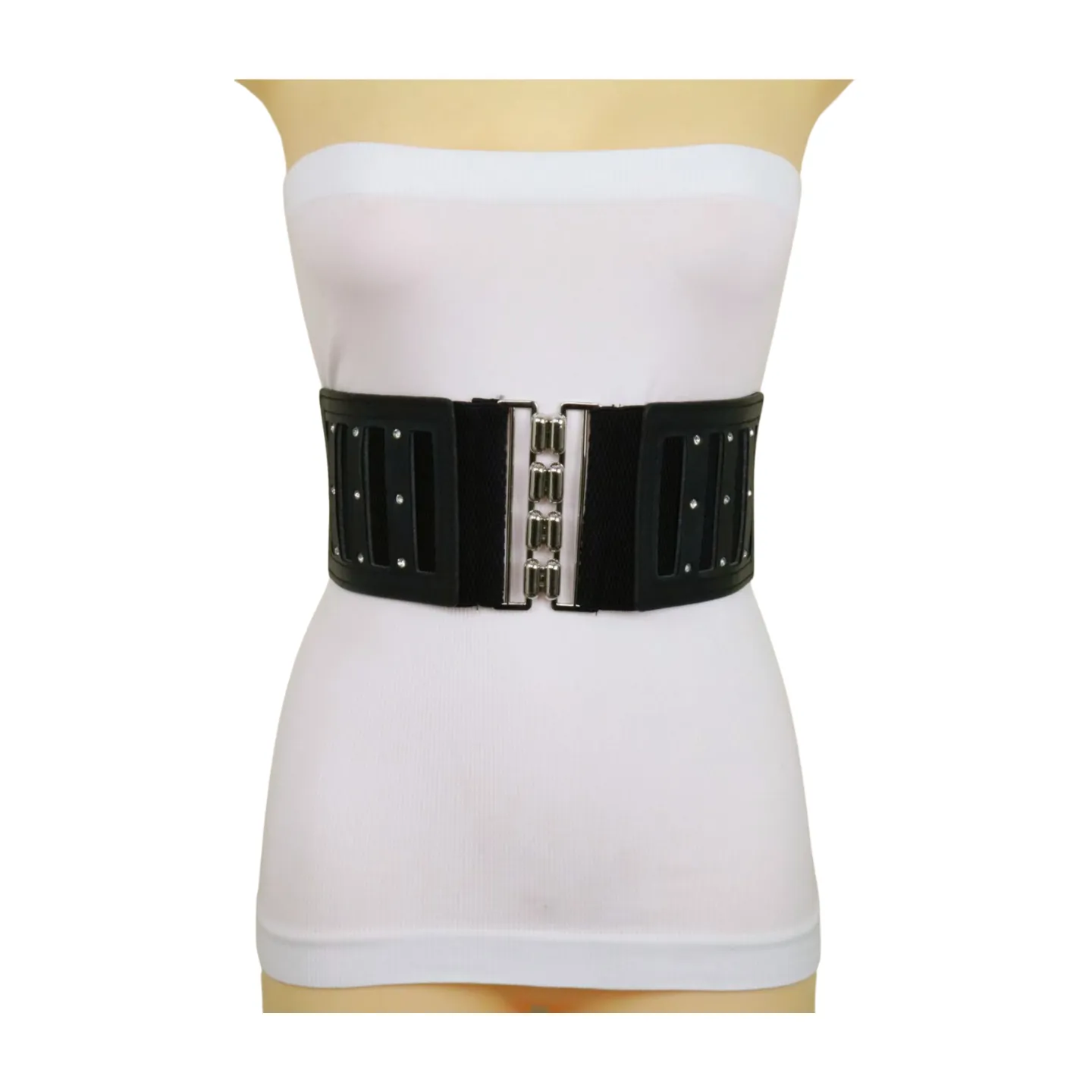 Black Elastic Wide Fashion Belt Silver Buckle Size S M