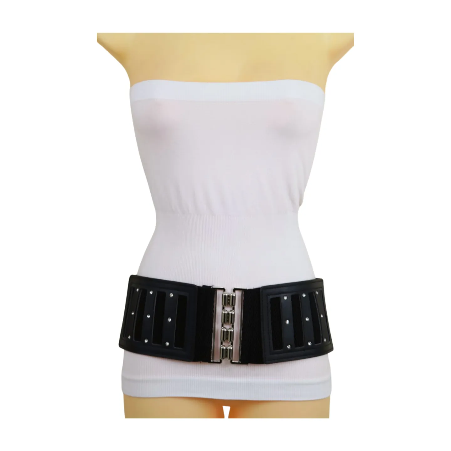 Black Elastic Wide Fashion Belt Silver Buckle Size S M