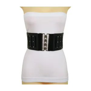 Black Elastic Wide Fashion Belt Silver Buckle Size S M
