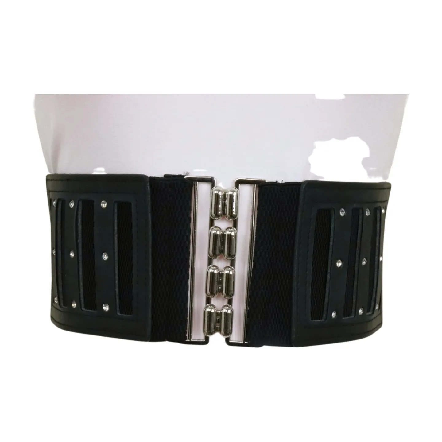 Black Elastic Wide Fashion Belt Silver Buckle Size S M