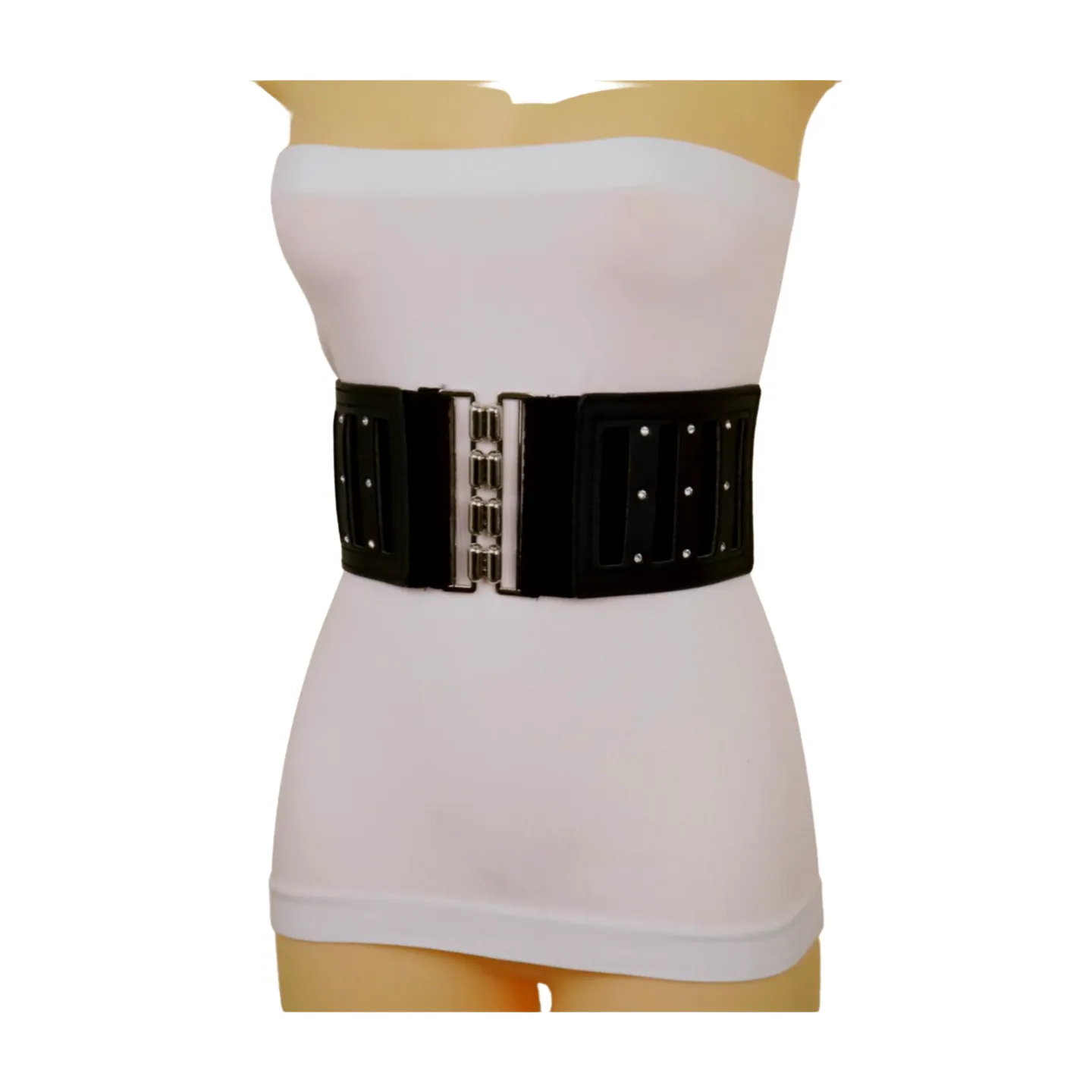 Black Elastic Wide Fashion Belt Silver Buckle Size S M
