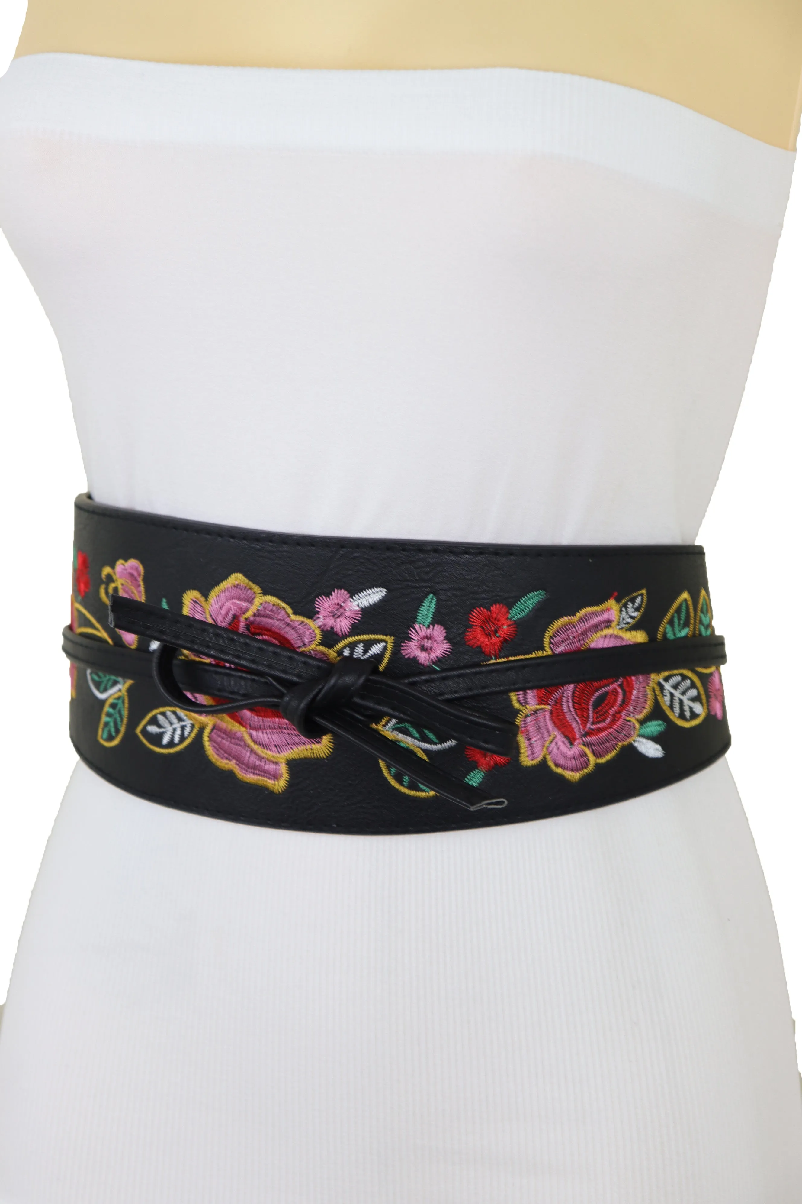 Black Faux Leather Wrap Kimono Wrap Around Tie Belt Embroidery Flower S M