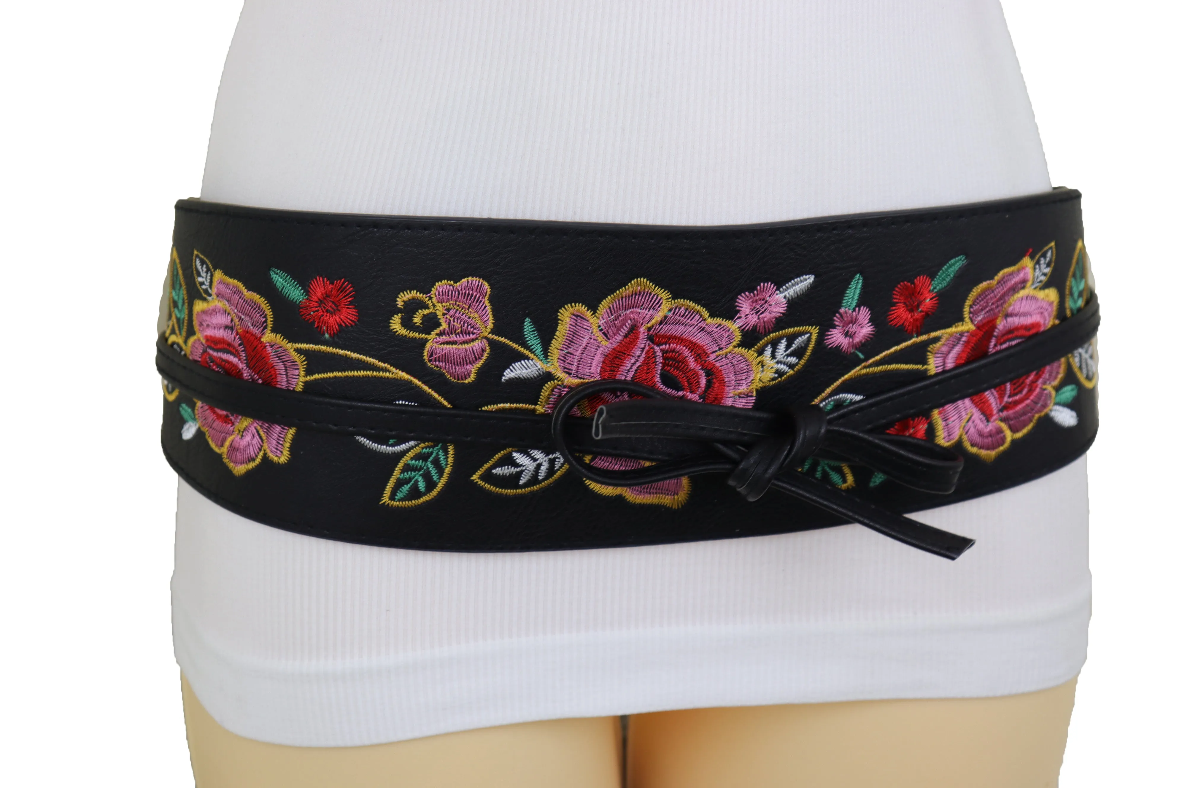 Black Faux Leather Wrap Kimono Wrap Around Tie Belt Embroidery Flower S M