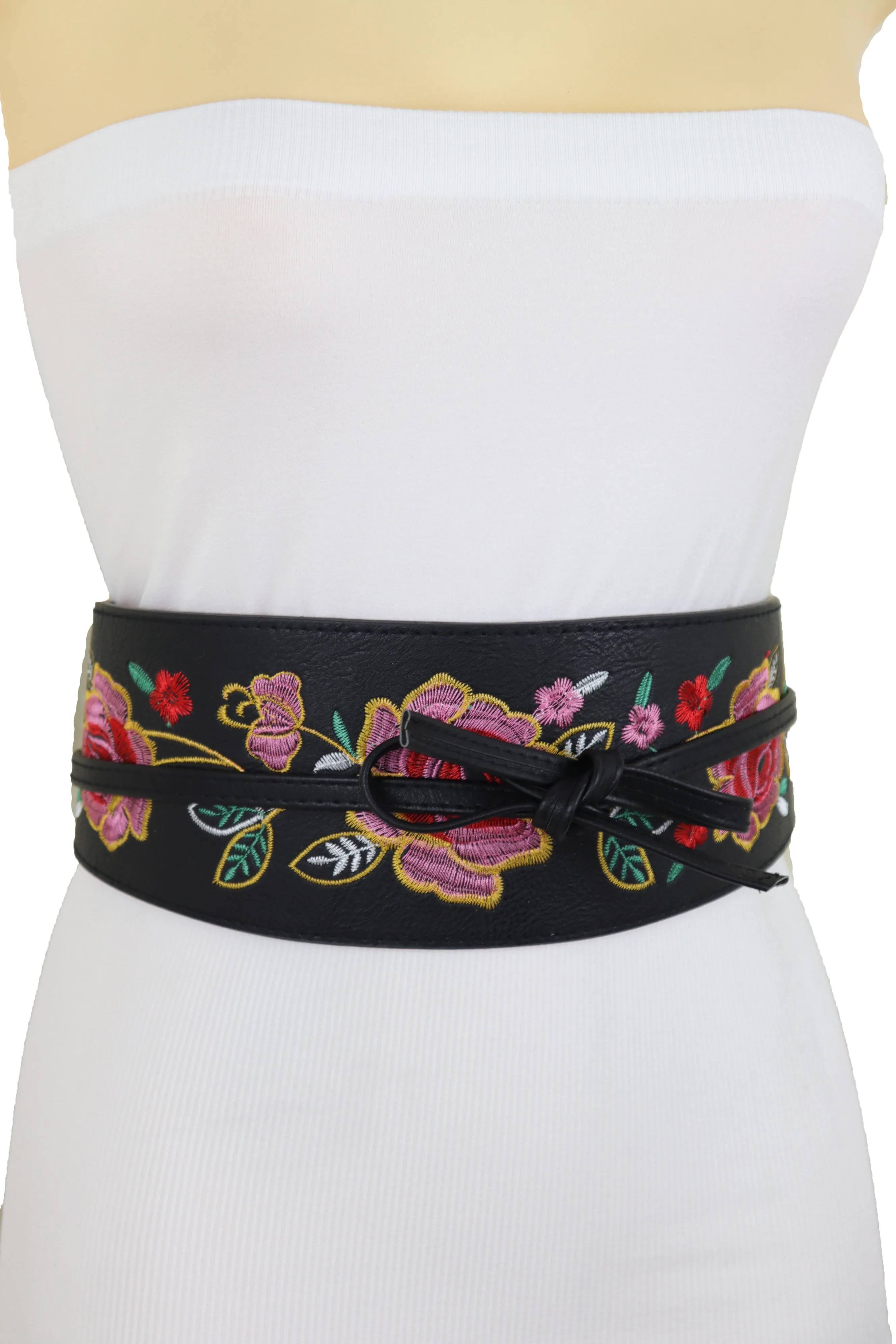 Black Faux Leather Wrap Kimono Wrap Around Tie Belt Embroidery Flower S M