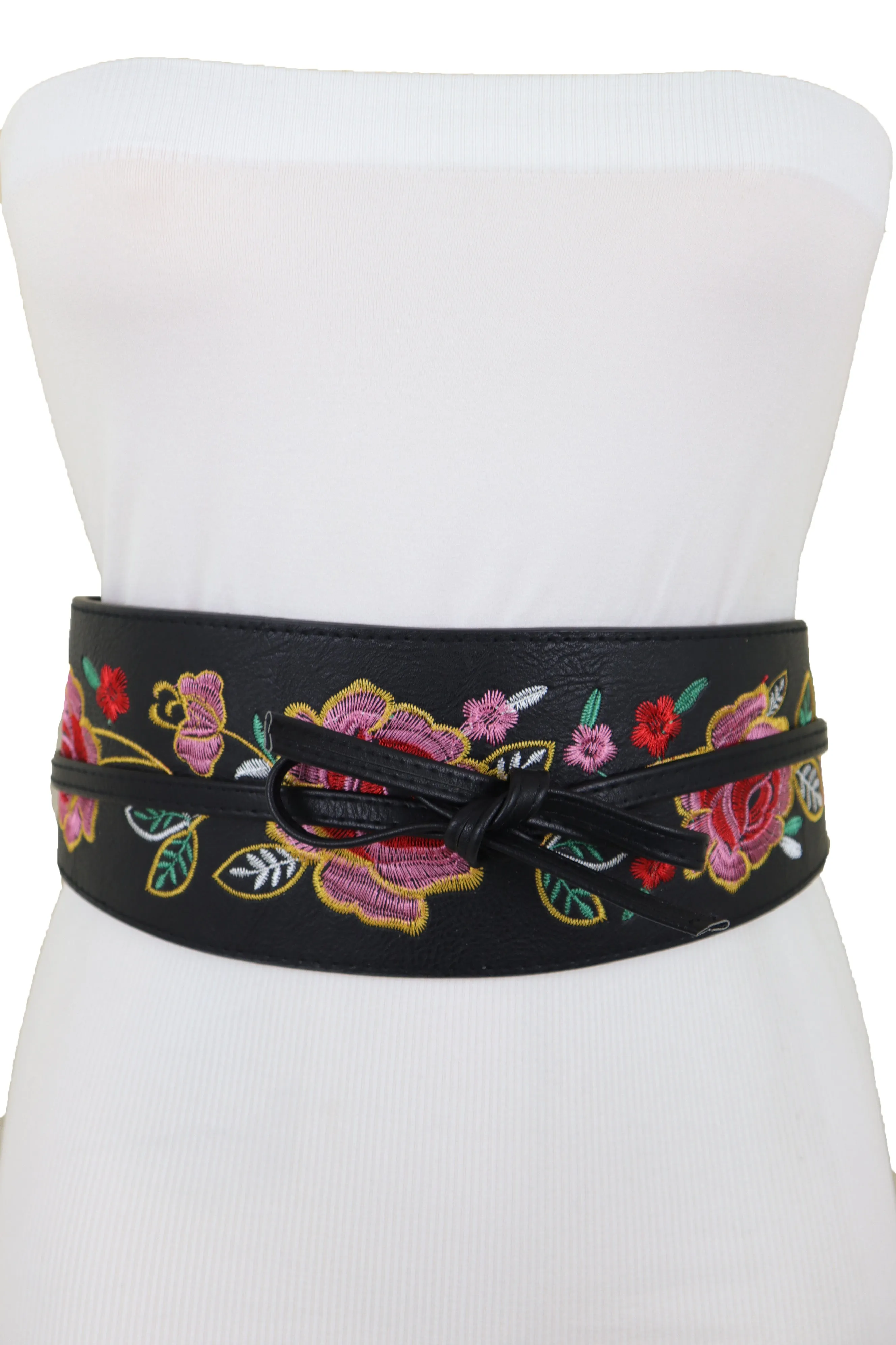 Black Faux Leather Wrap Kimono Wrap Around Tie Belt Embroidery Flower S M