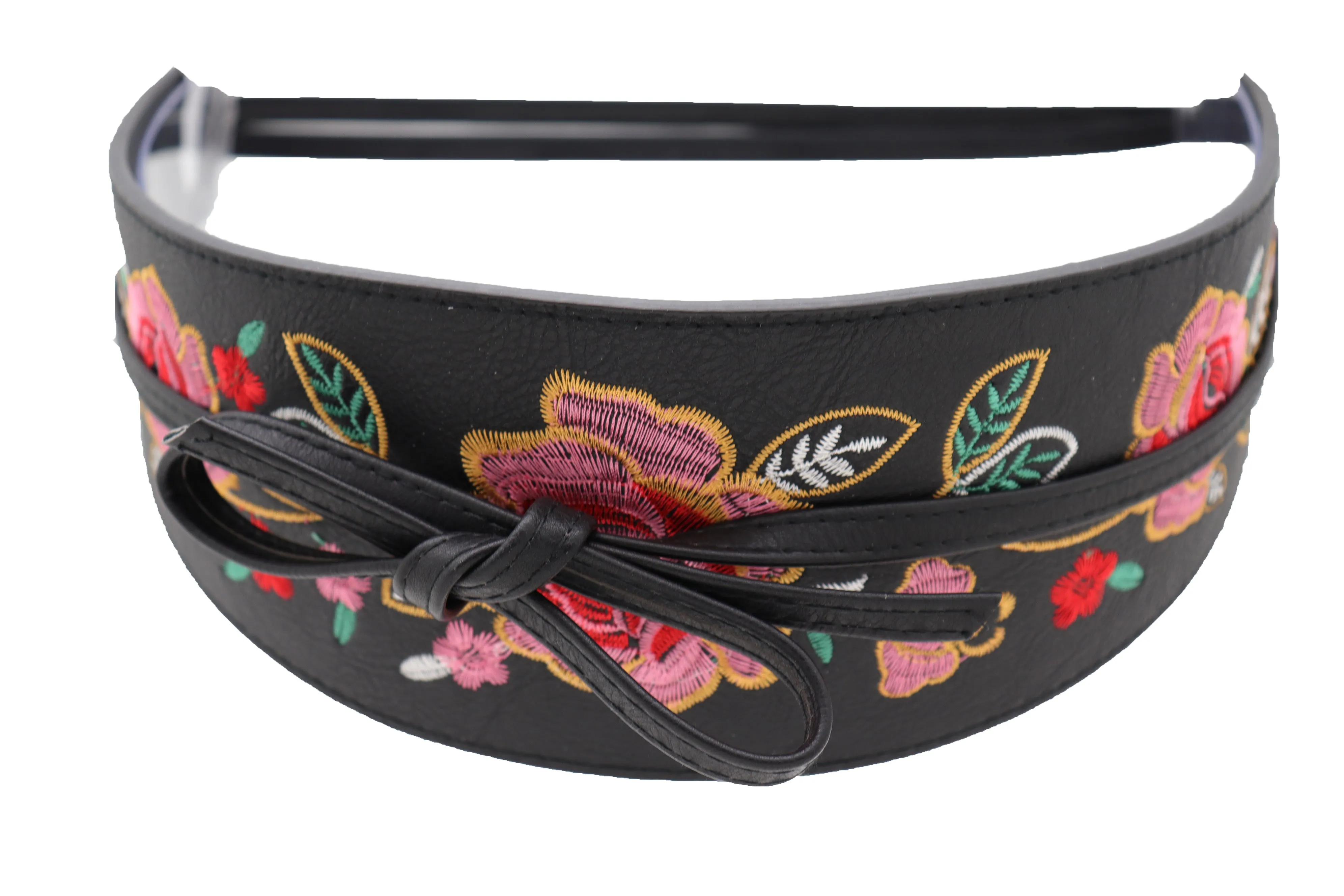 Black Faux Leather Wrap Kimono Wrap Around Tie Belt Embroidery Flower S M