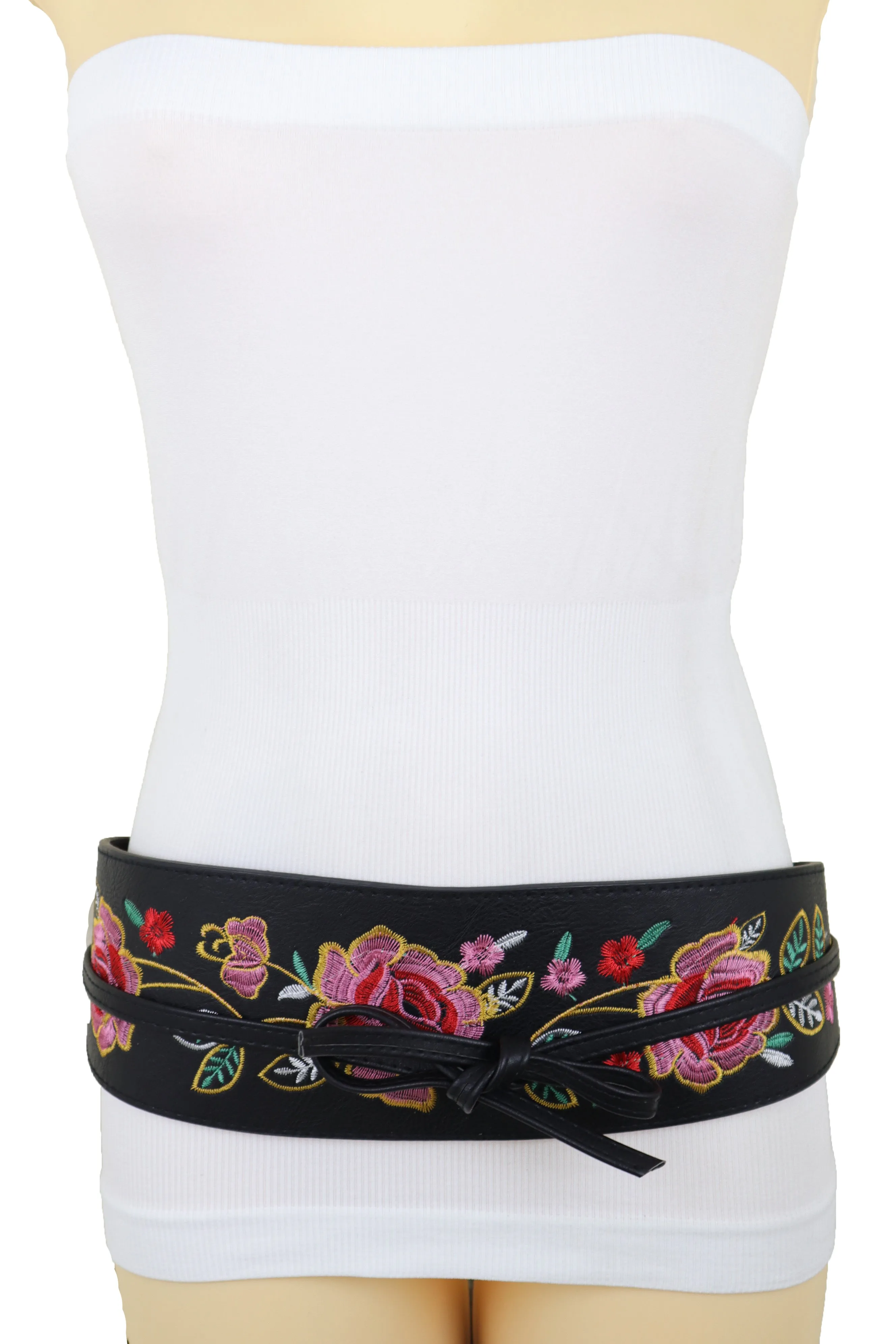 Black Faux Leather Wrap Kimono Wrap Around Tie Belt Embroidery Flower S M