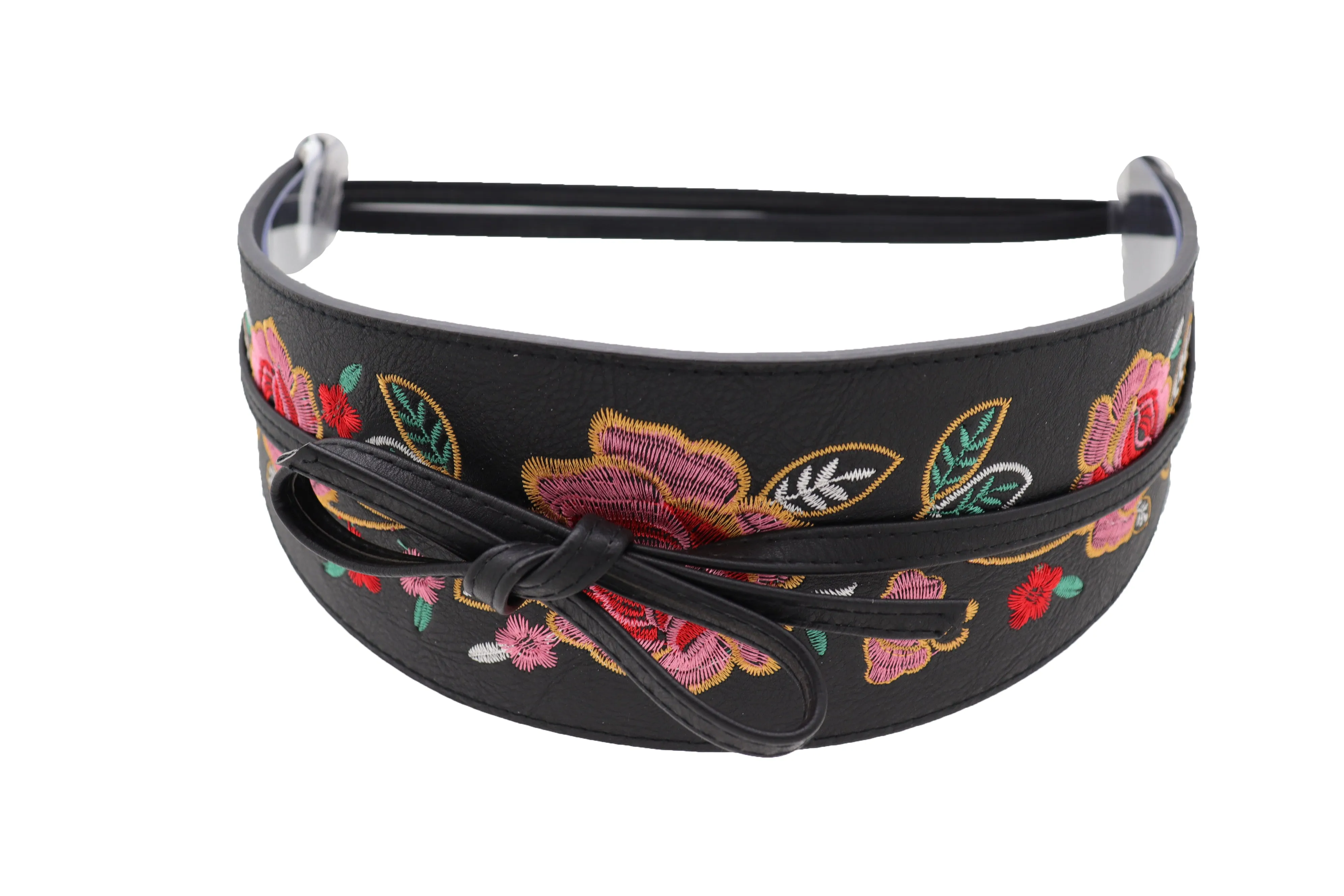 Black Faux Leather Wrap Kimono Wrap Around Tie Belt Embroidery Flower S M