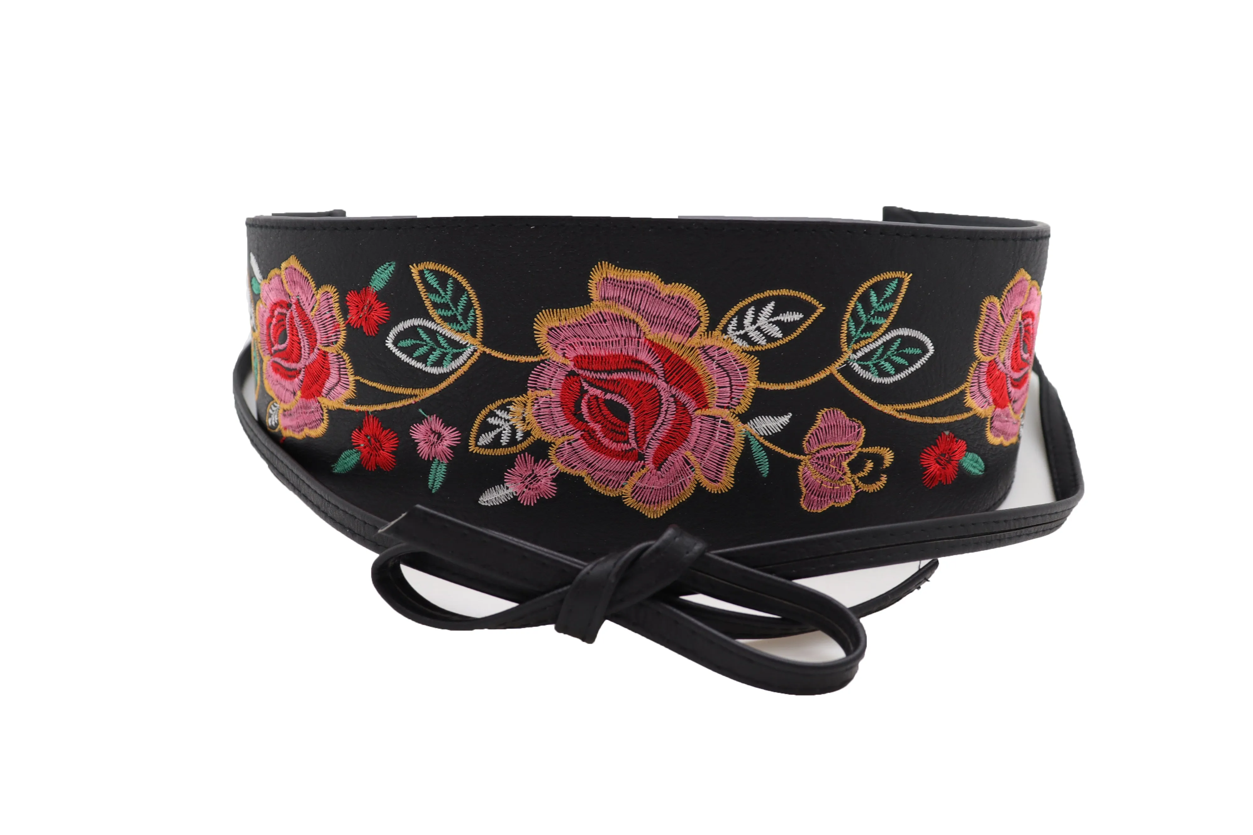 Black Faux Leather Wrap Kimono Wrap Around Tie Belt Embroidery Flower S M