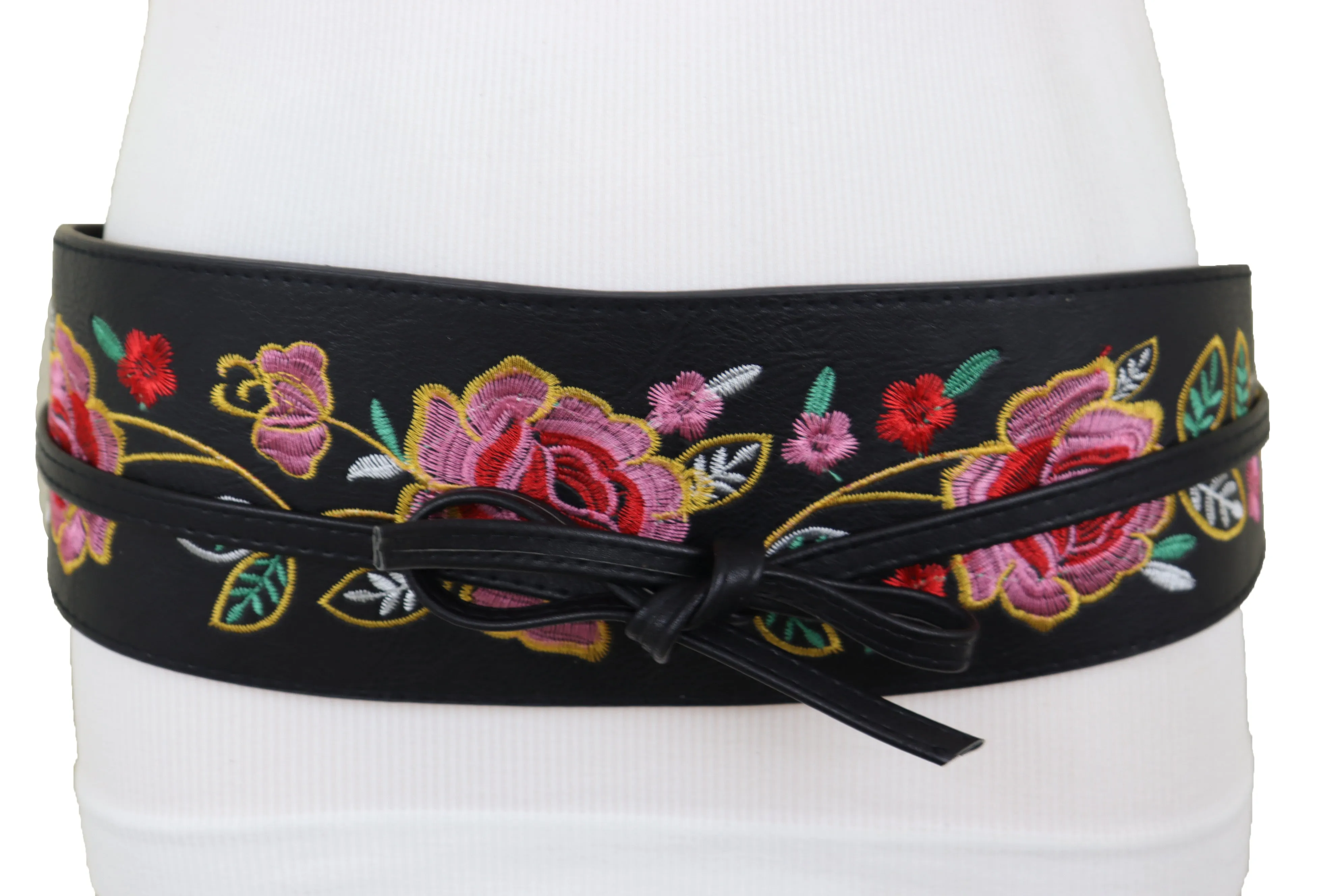Black Faux Leather Wrap Kimono Wrap Around Tie Belt Embroidery Flower S M