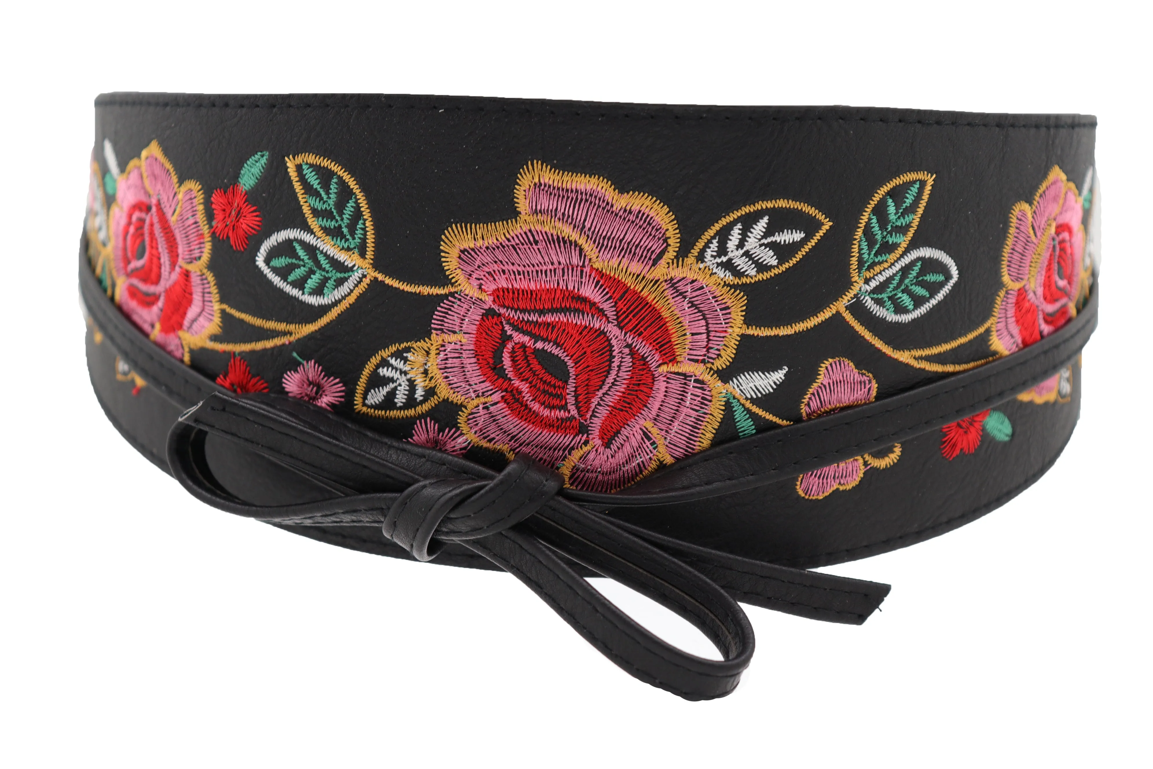 Black Faux Leather Wrap Kimono Wrap Around Tie Belt Embroidery Flower S M