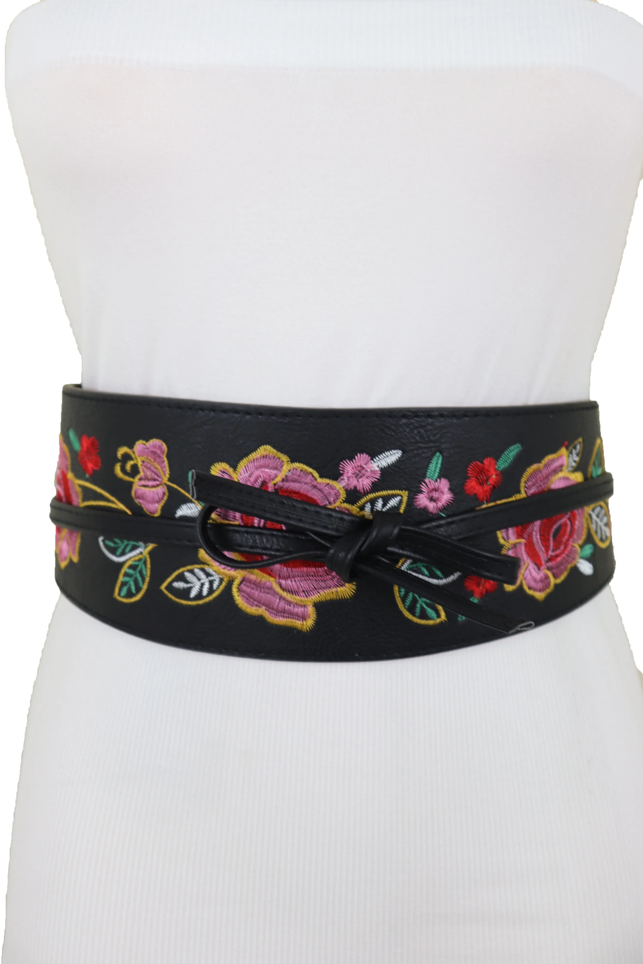 Black Faux Leather Wrap Kimono Wrap Around Tie Belt Embroidery Flower S M