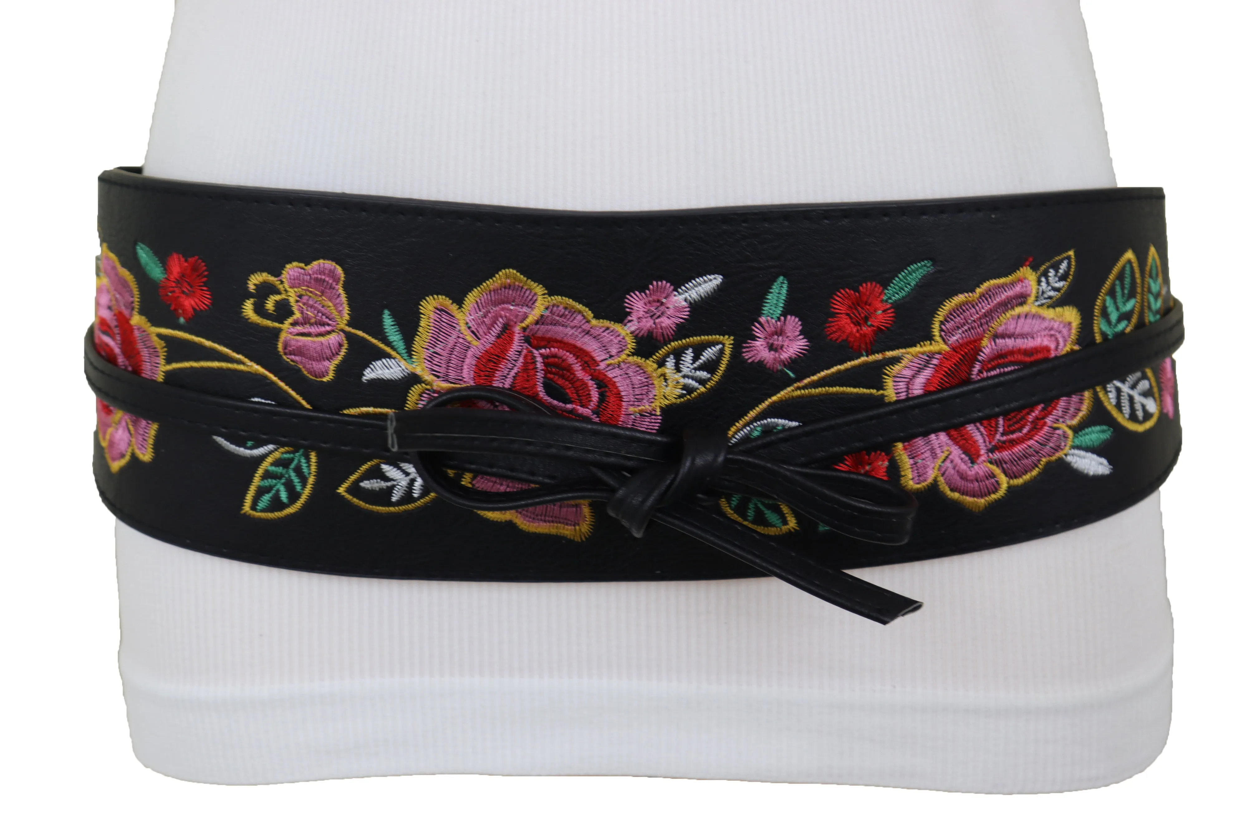 Black Faux Leather Wrap Kimono Wrap Around Tie Belt Embroidery Flower S M