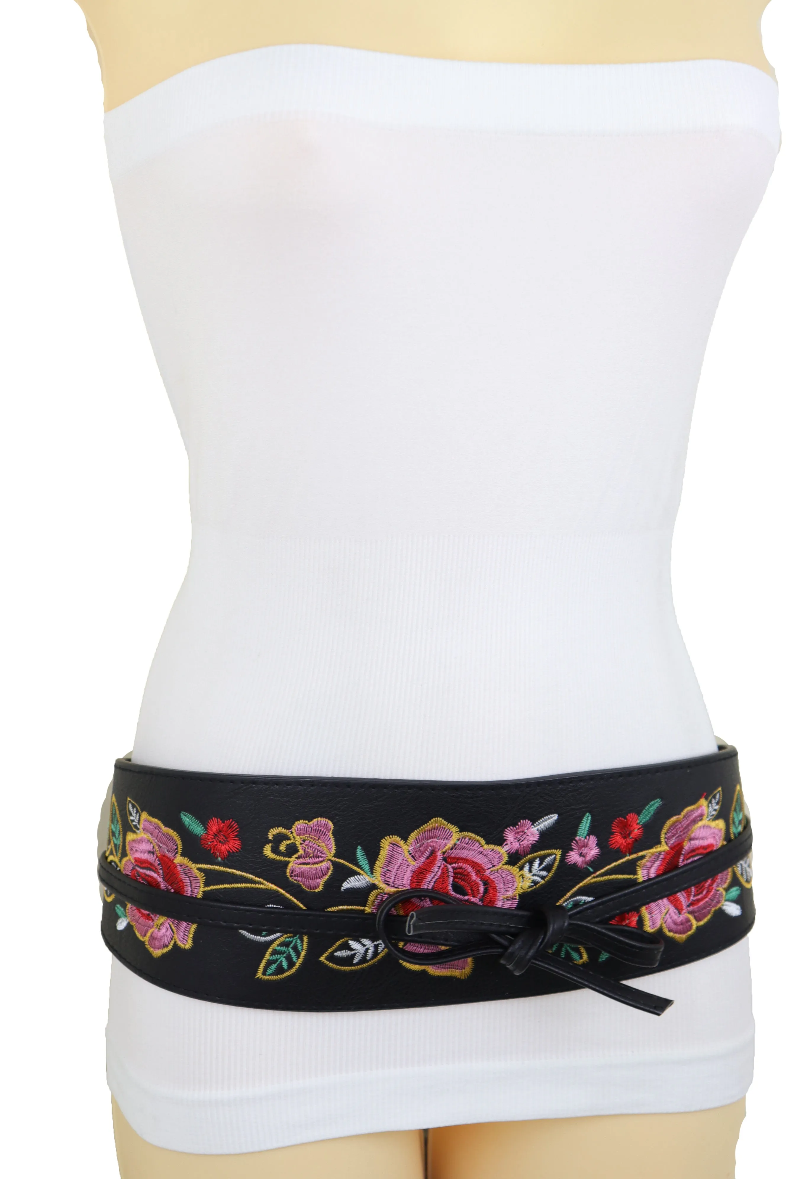 Black Faux Leather Wrap Kimono Wrap Around Tie Belt Embroidery Flower S M
