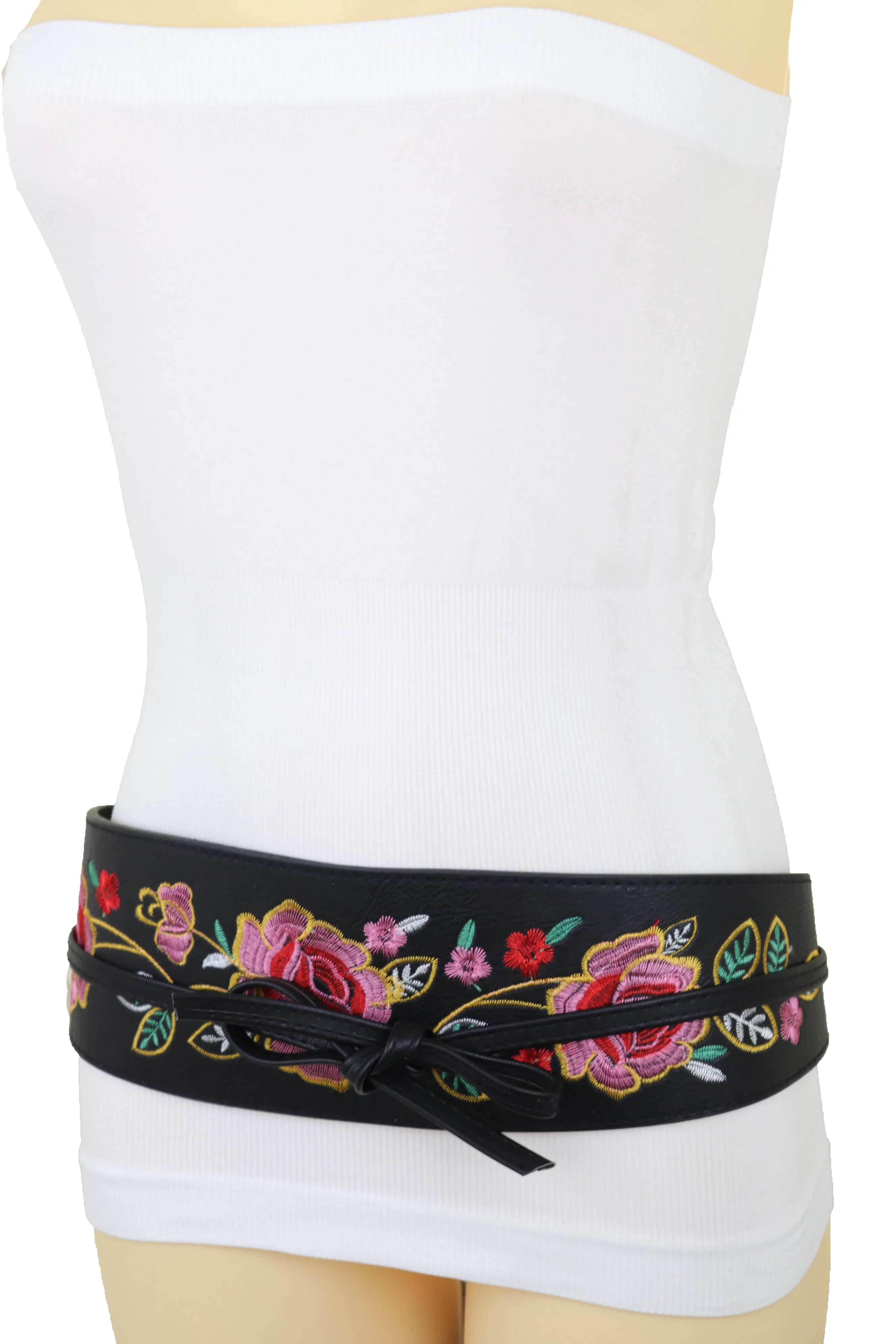 Black Faux Leather Wrap Kimono Wrap Around Tie Belt Embroidery Flower S M