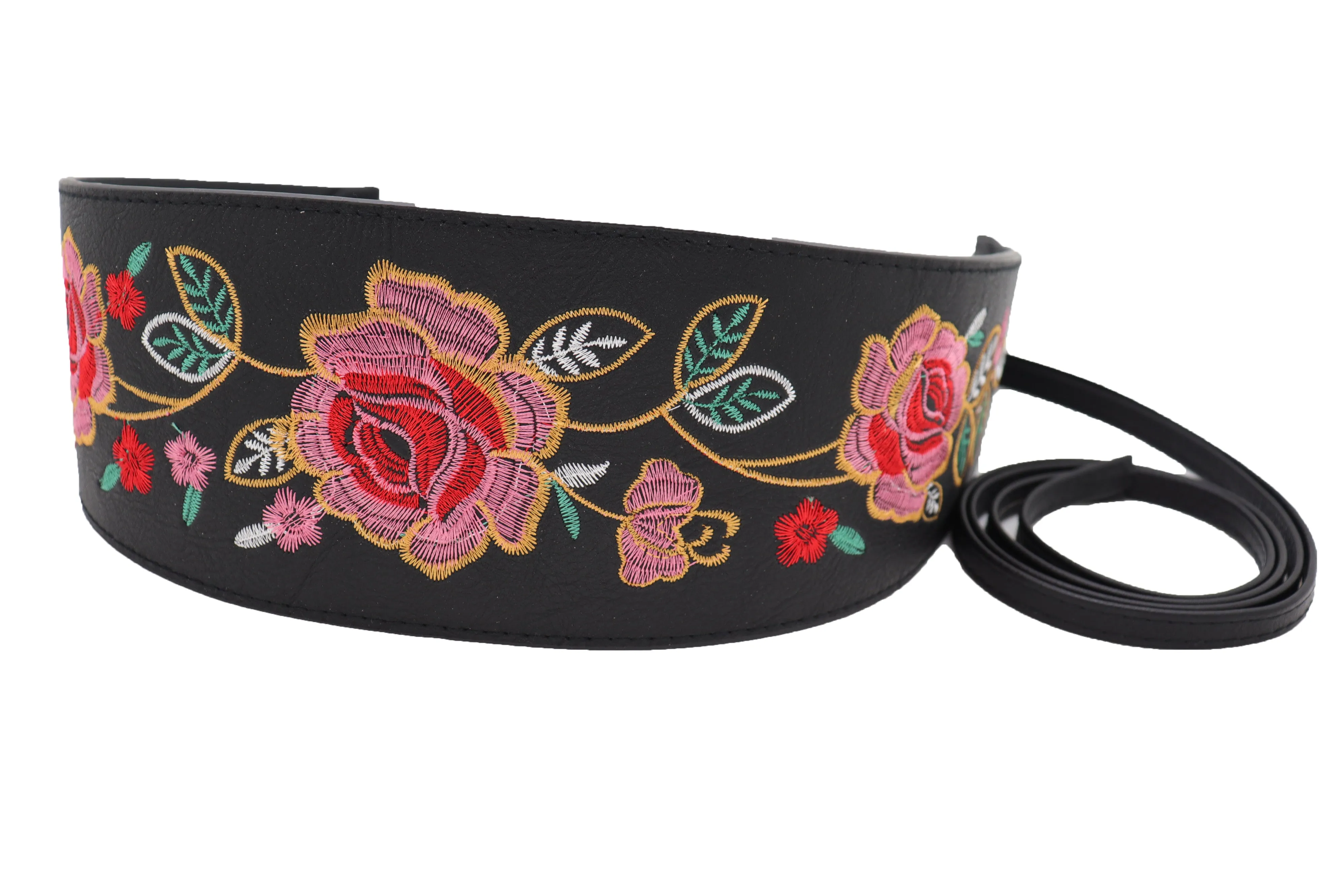 Black Faux Leather Wrap Kimono Wrap Around Tie Belt Embroidery Flower S M
