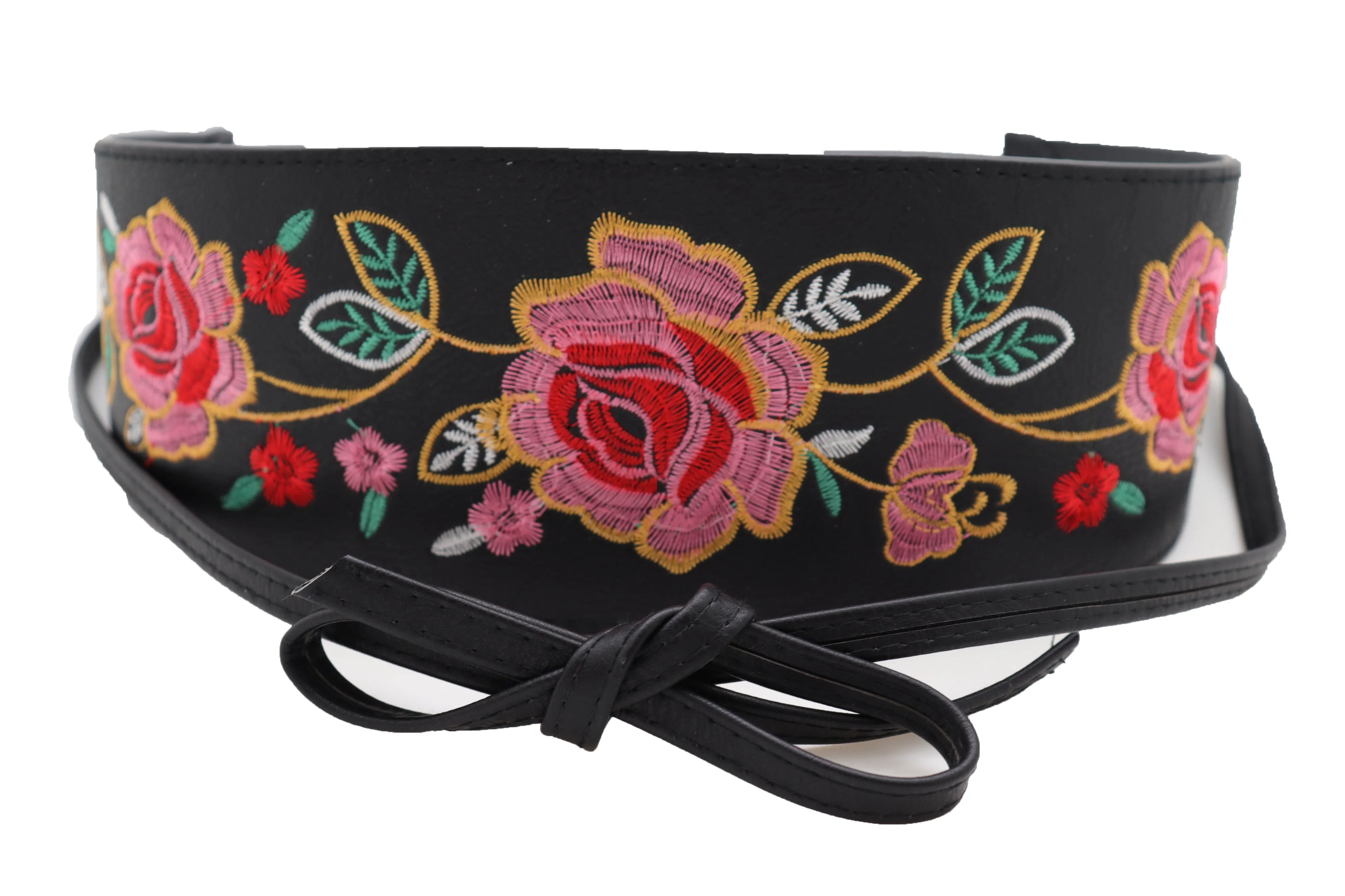 Black Faux Leather Wrap Kimono Wrap Around Tie Belt Embroidery Flower S M