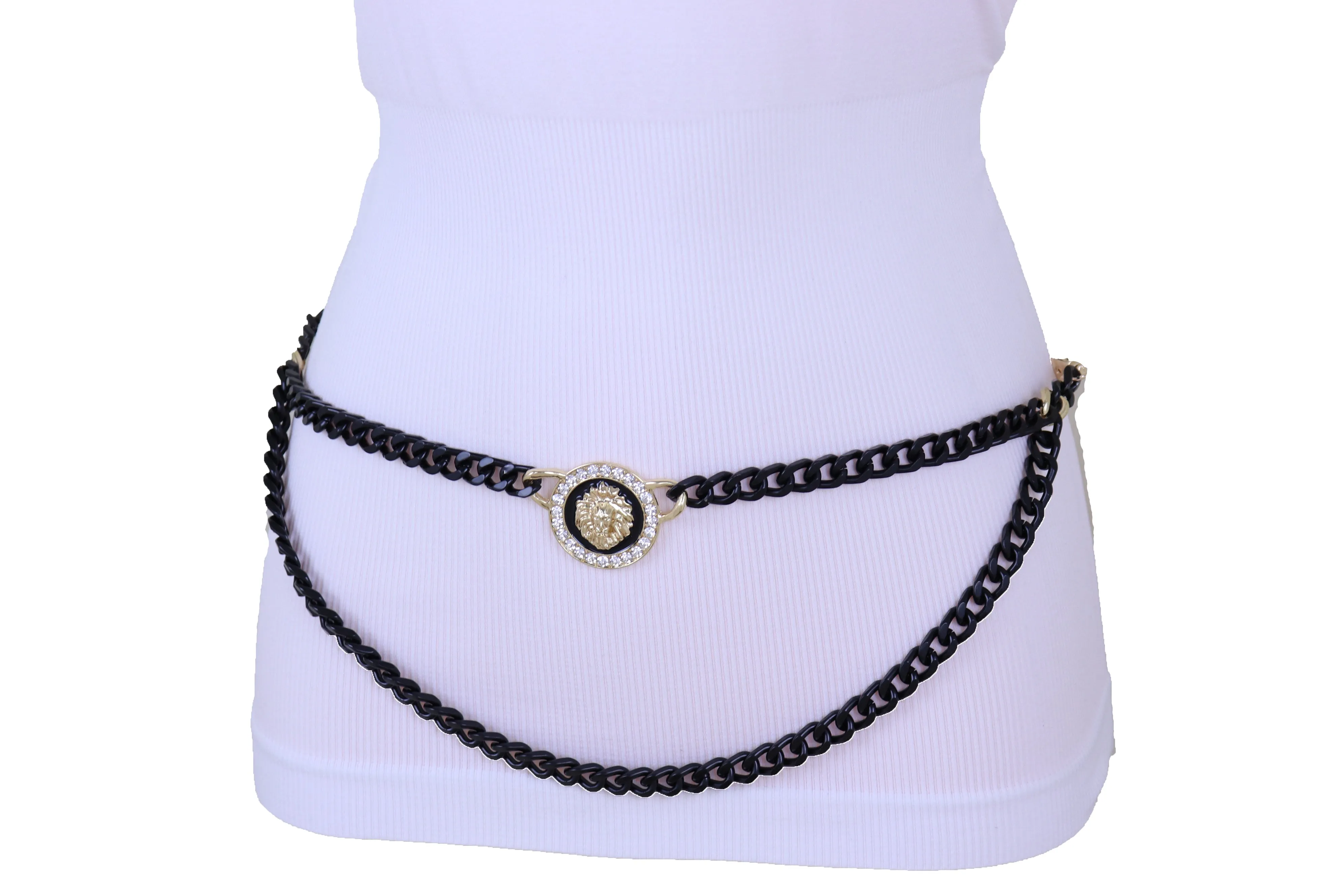 Black Metal Wave Chain Belt With Rhinestone Lion Medallion