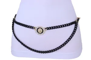 Black Metal Wave Chain Belt With Rhinestone Lion Medallion