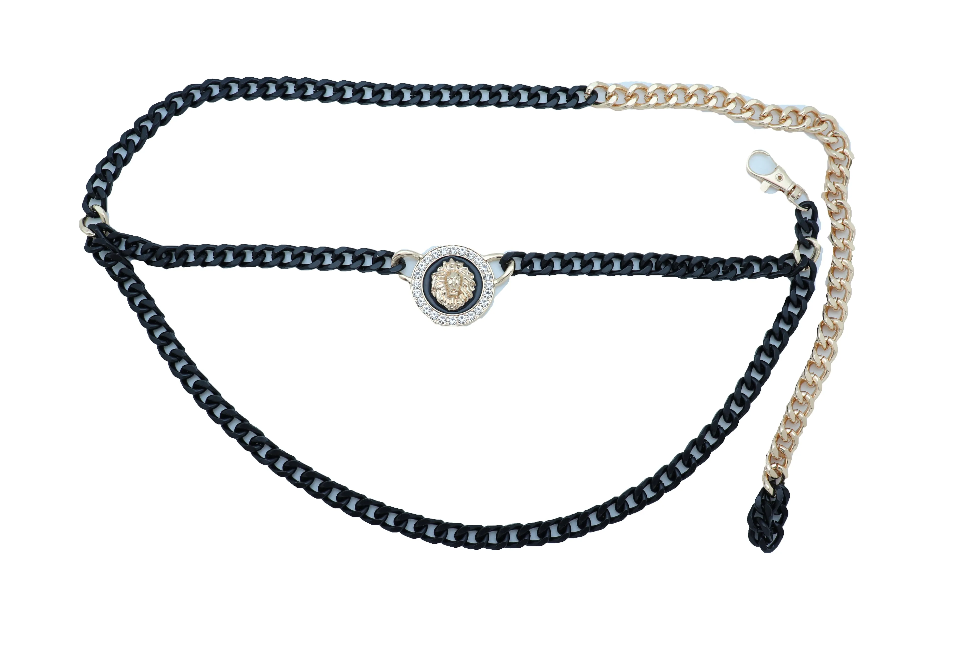 Black Metal Wave Chain Belt With Rhinestone Lion Medallion