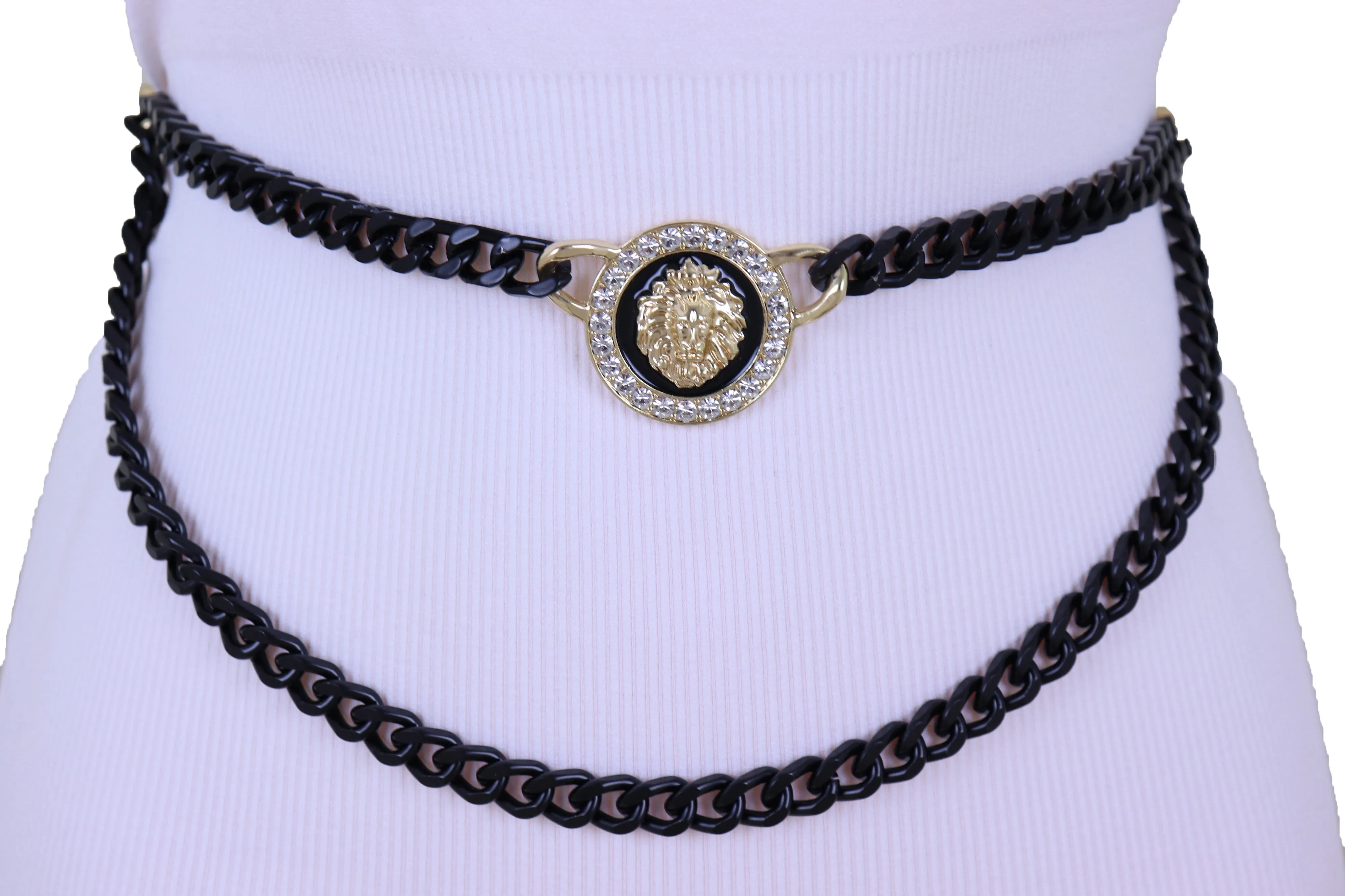 Black Metal Wave Chain Belt With Rhinestone Lion Medallion