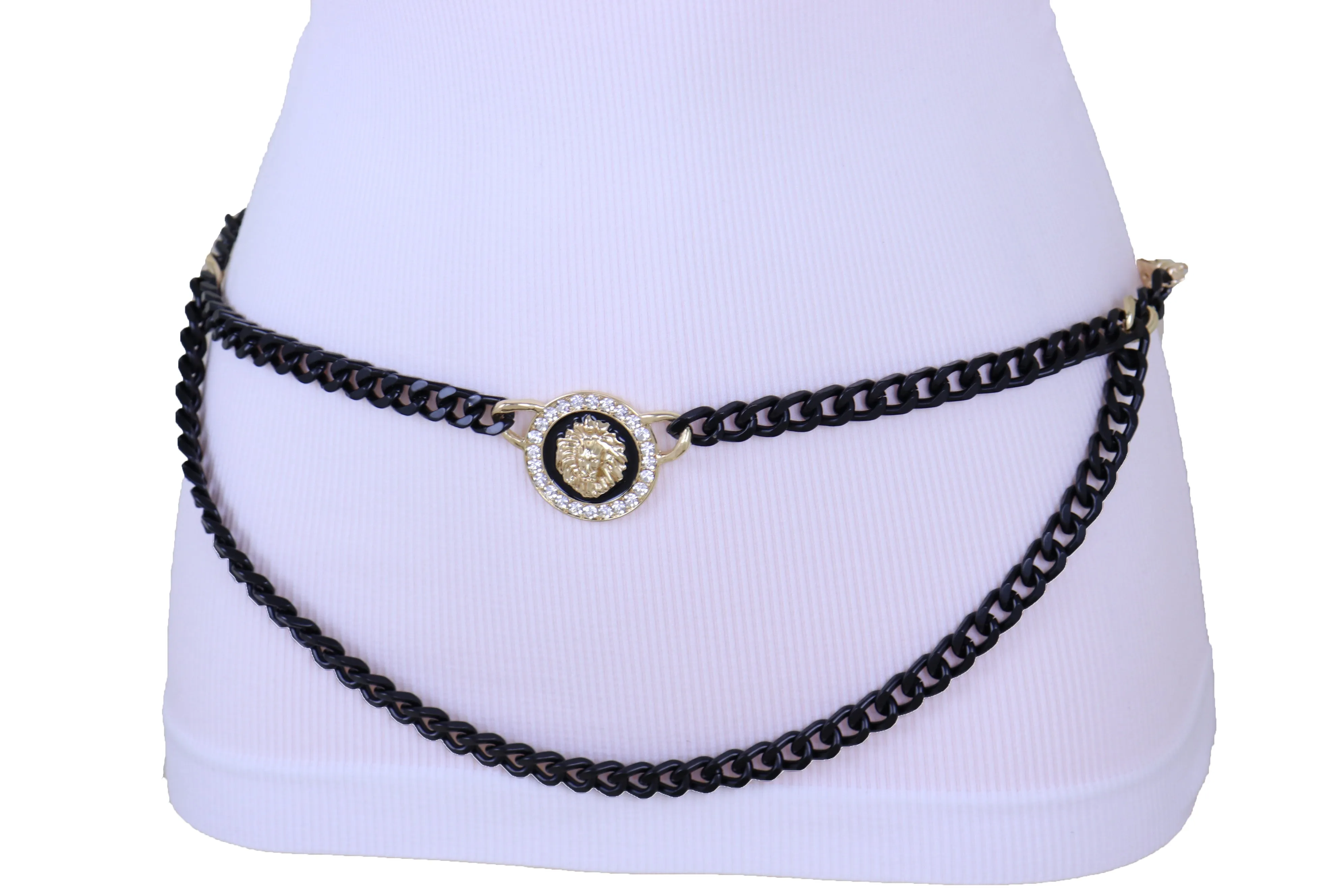 Black Metal Wave Chain Belt With Rhinestone Lion Medallion