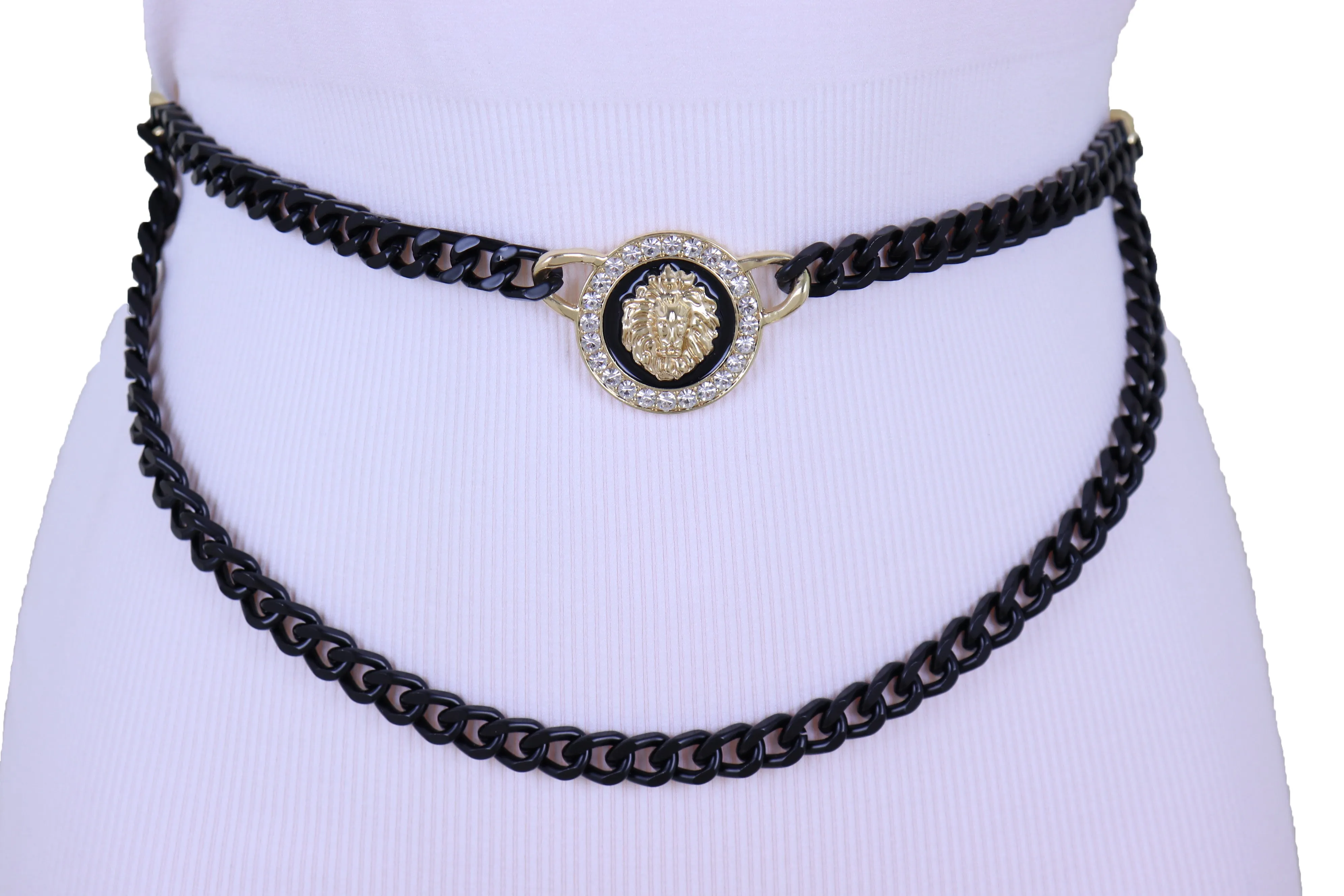 Black Metal Wave Chain Belt With Rhinestone Lion Medallion