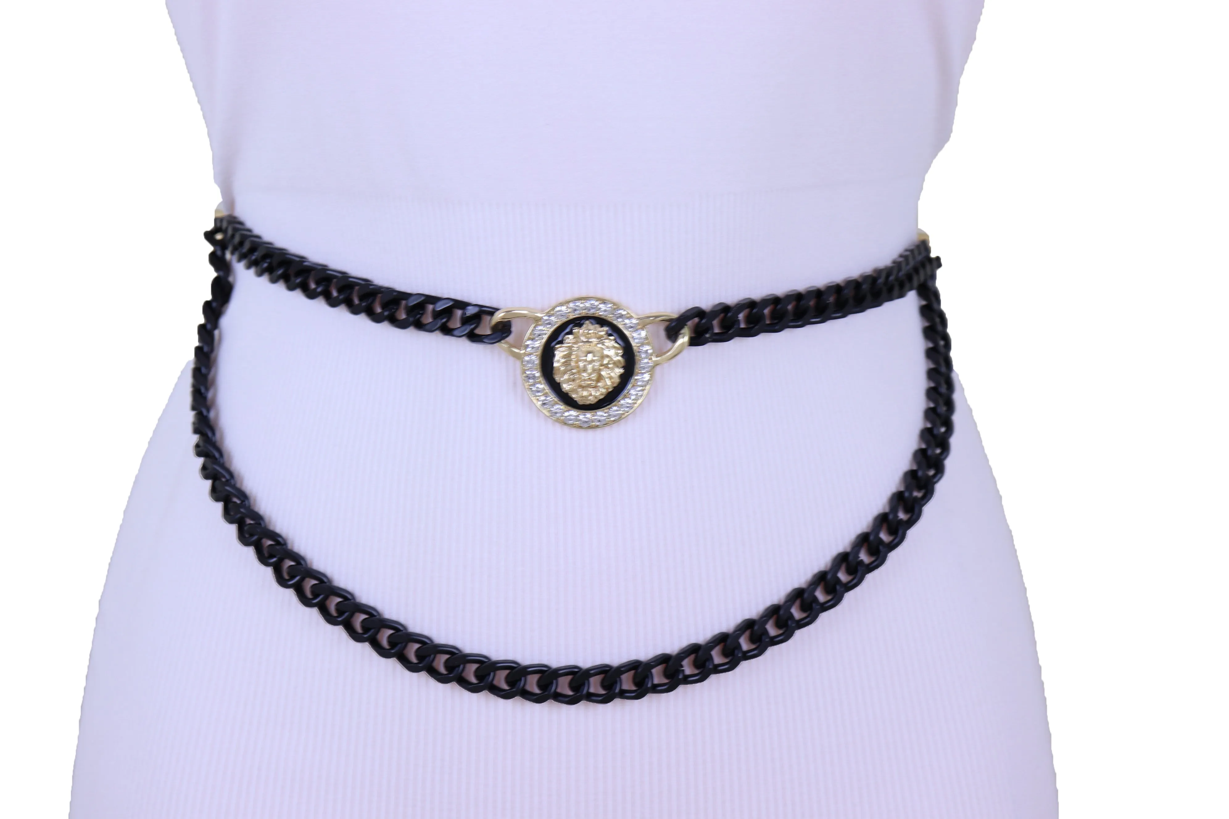 Black Metal Wave Chain Belt With Rhinestone Lion Medallion