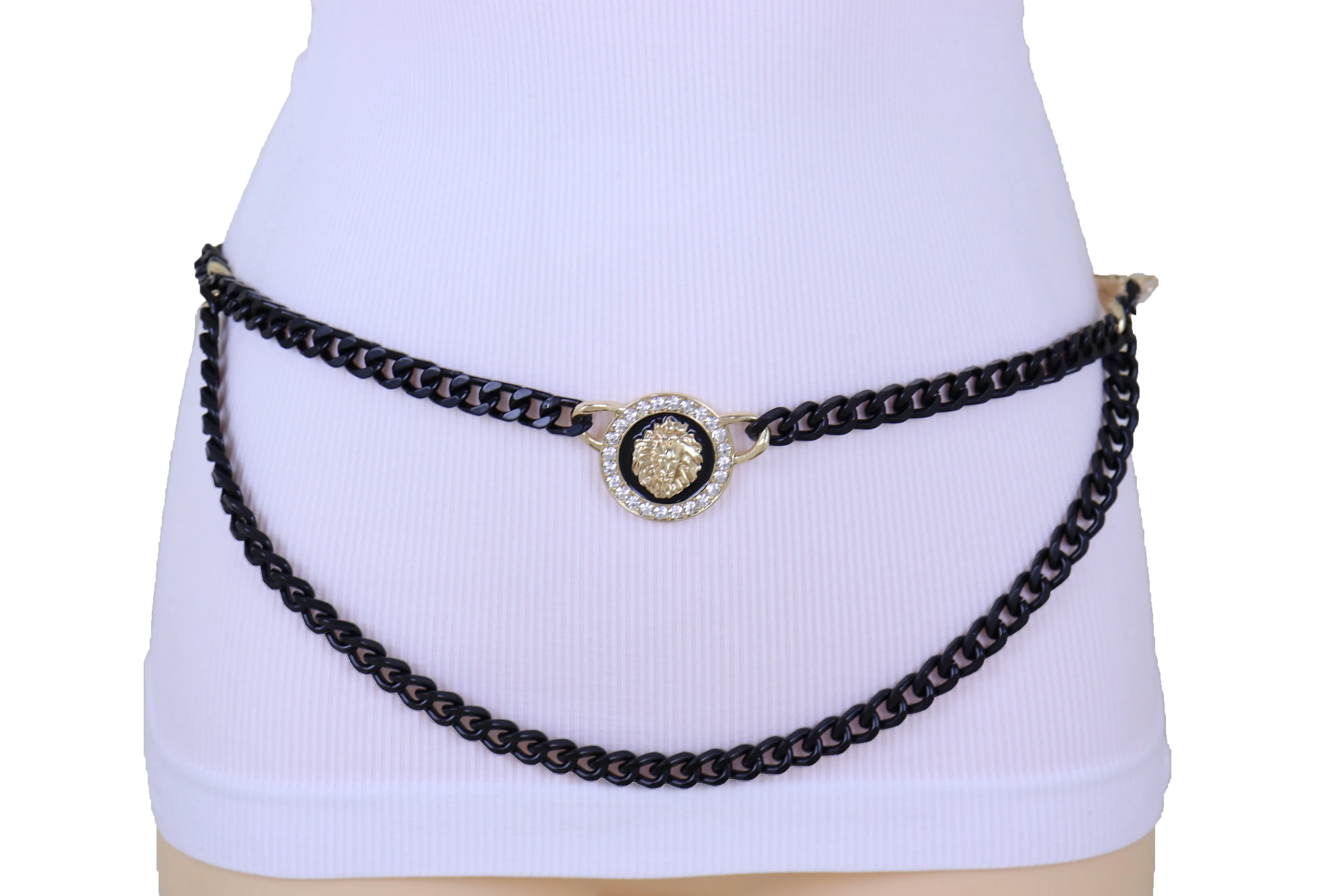 Black Metal Wave Chain Belt With Rhinestone Lion Medallion