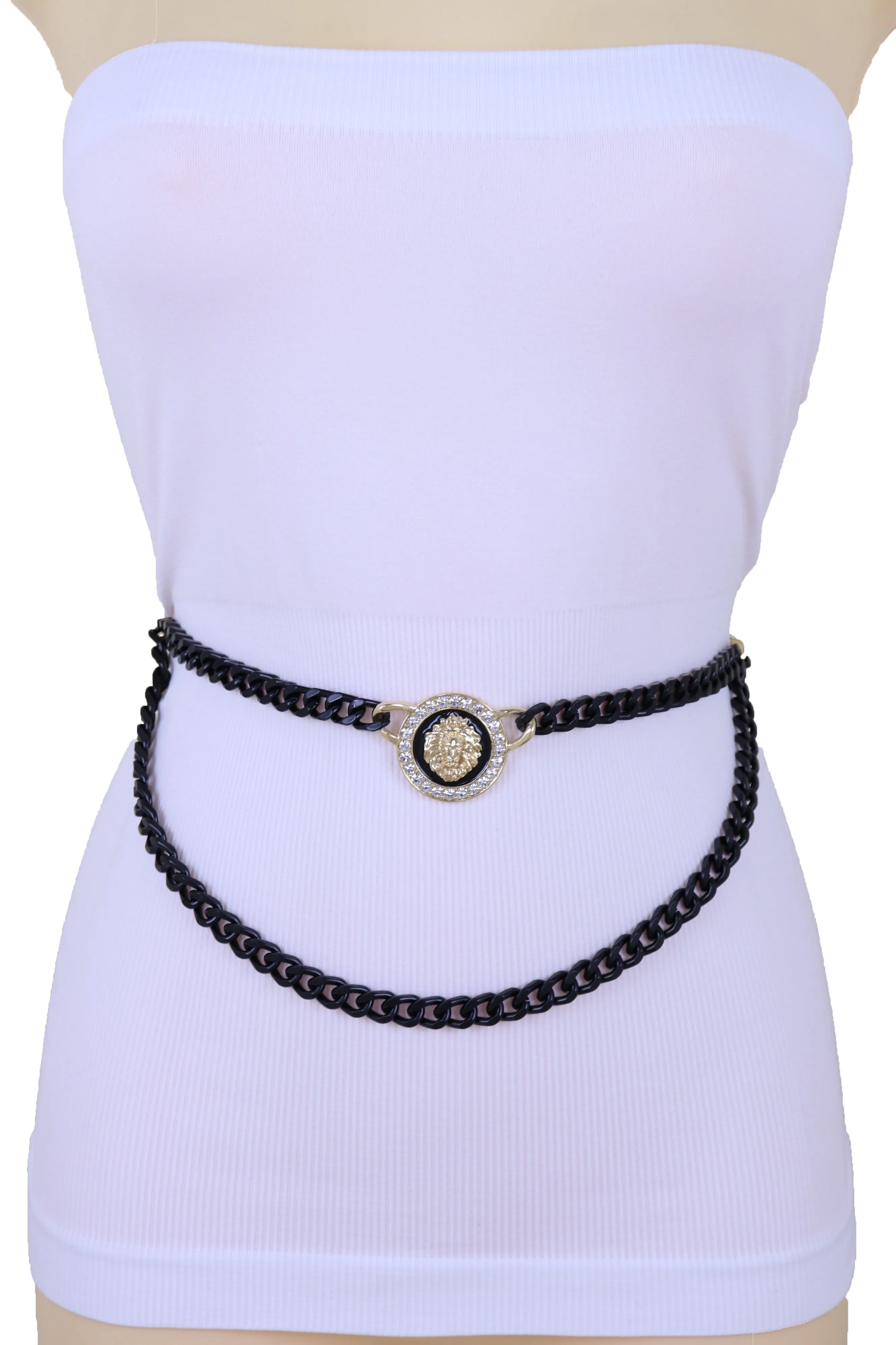 Black Metal Wave Chain Belt With Rhinestone Lion Medallion