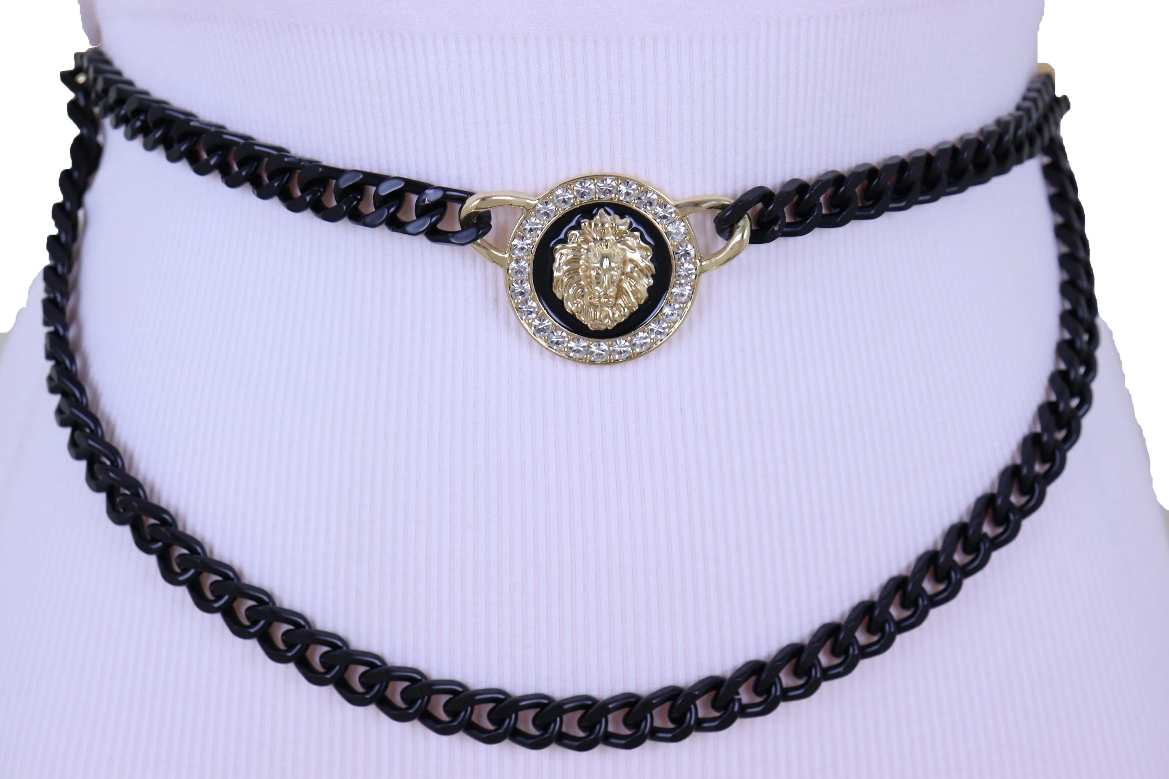 Black Metal Wave Chain Belt With Rhinestone Lion Medallion
