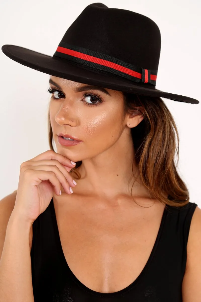 Black Red Stripe Ribbon Fedora - Sirena