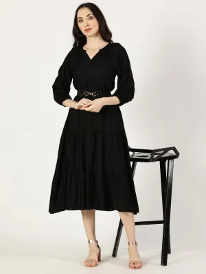 Black Tiered Midi Dress with Elastic Waist Belt