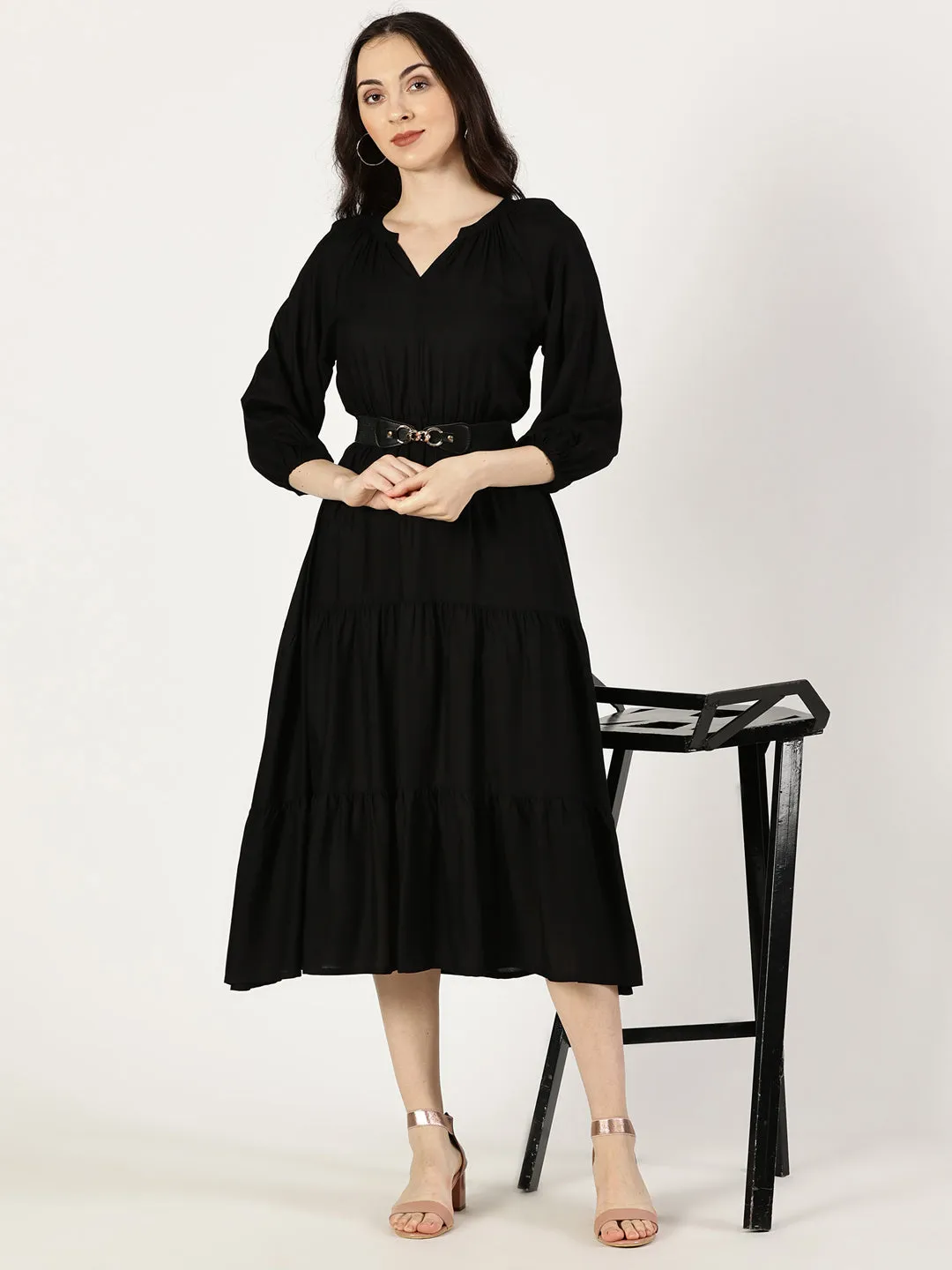 Black Tiered Midi Dress with Elastic Waist Belt