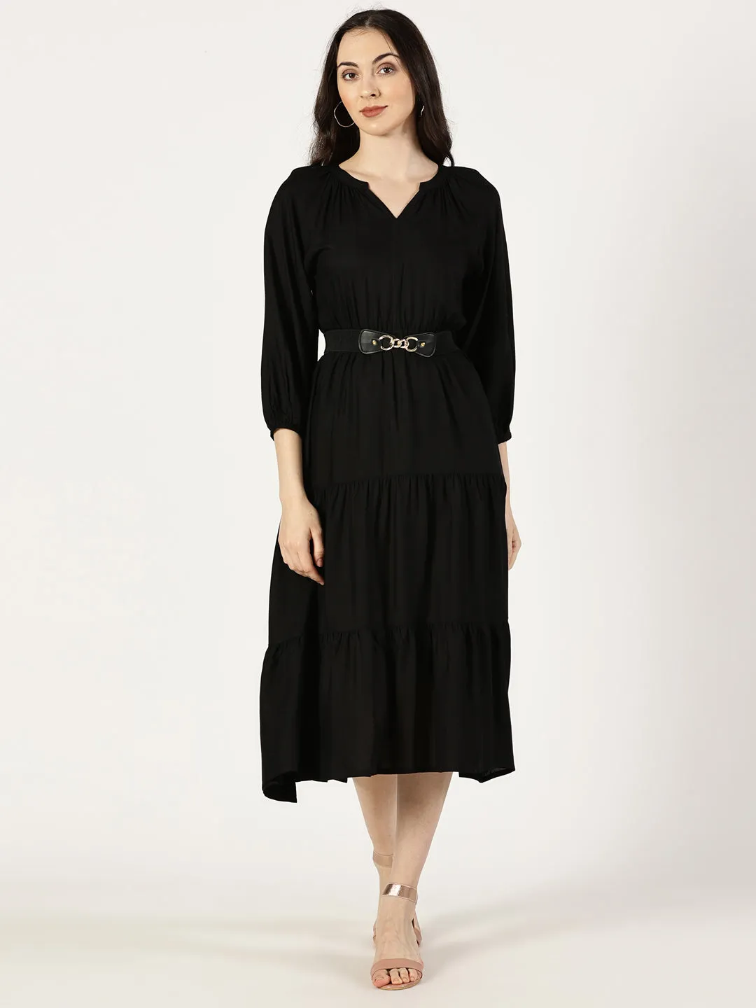 Black Tiered Midi Dress with Elastic Waist Belt