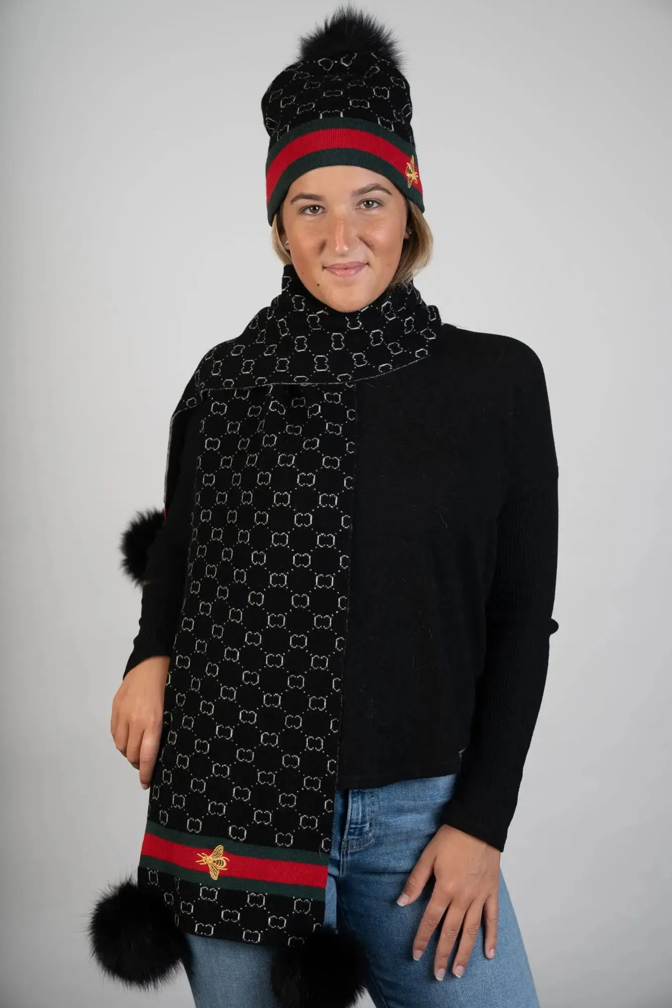 Black Woven Scarf W/Fox Pom