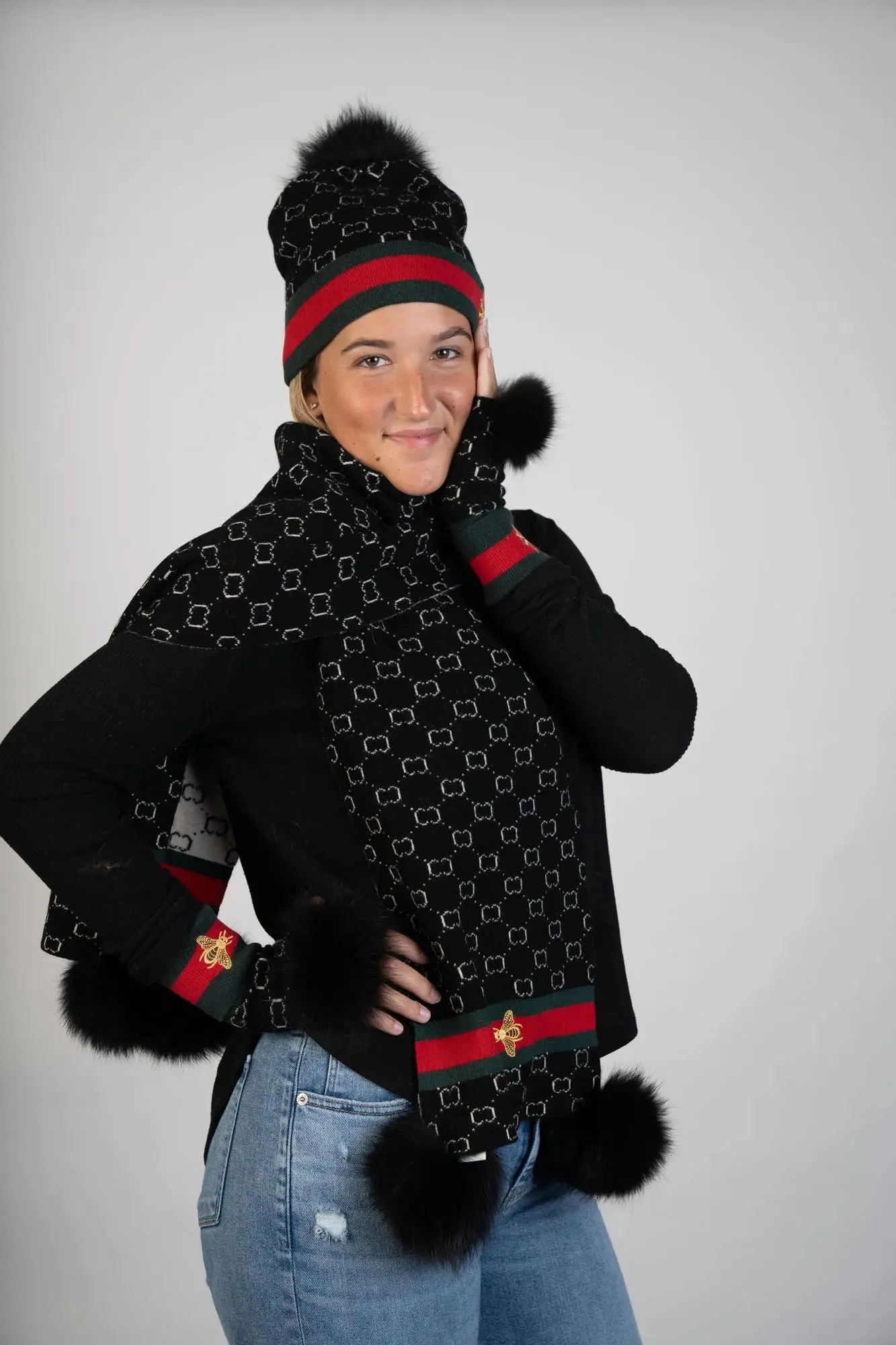 Black Woven Scarf W/Fox Pom