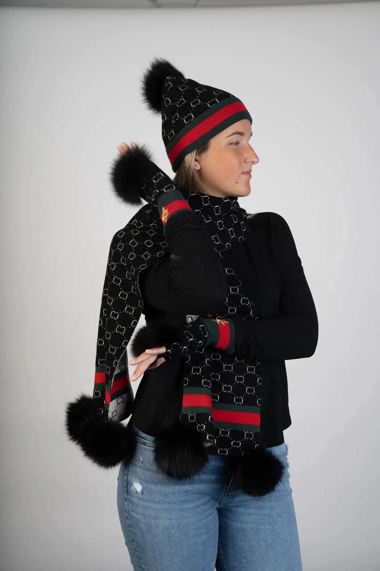 Black Woven Scarf W/Fox Pom
