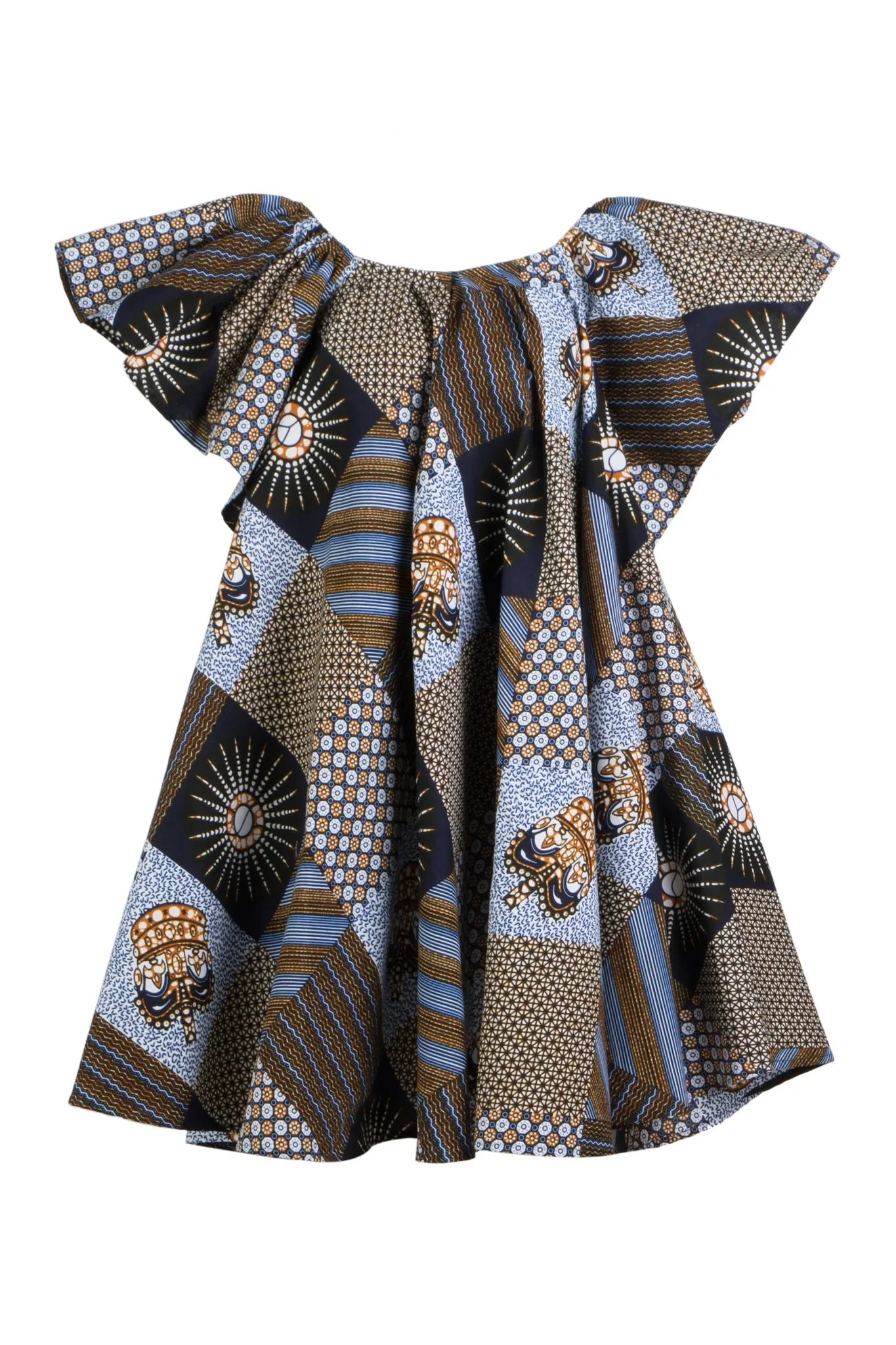 BLUE PATCHWORK OFF THE SHOULDER DRESS