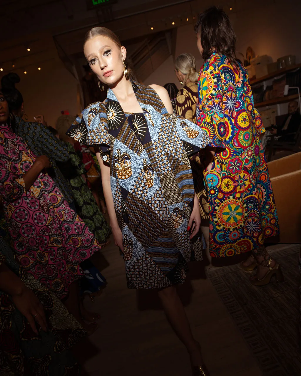 BLUE PATCHWORK OFF THE SHOULDER DRESS