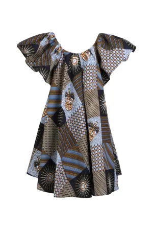 BLUE PATCHWORK OFF THE SHOULDER DRESS