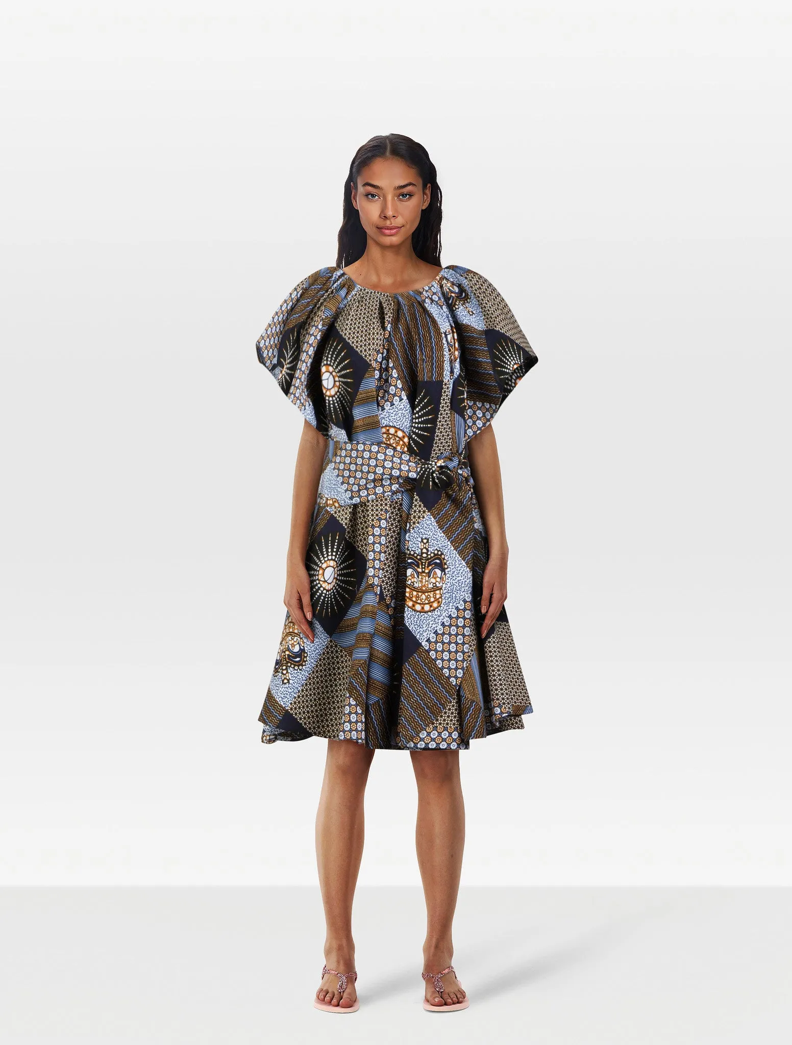 BLUE PATCHWORK OFF THE SHOULDER DRESS