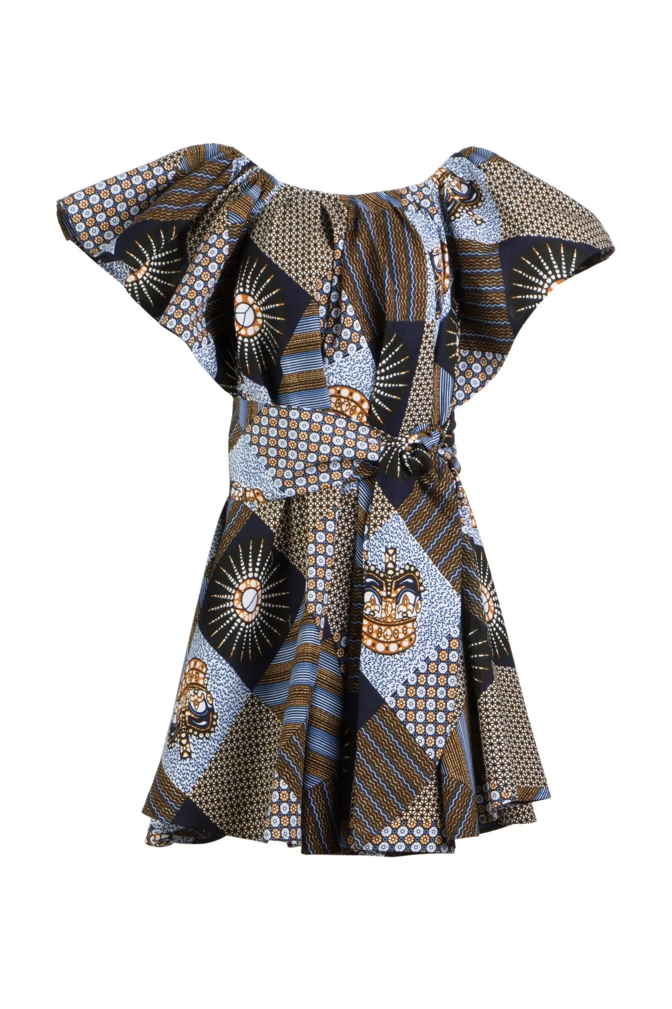 BLUE PATCHWORK OFF THE SHOULDER DRESS